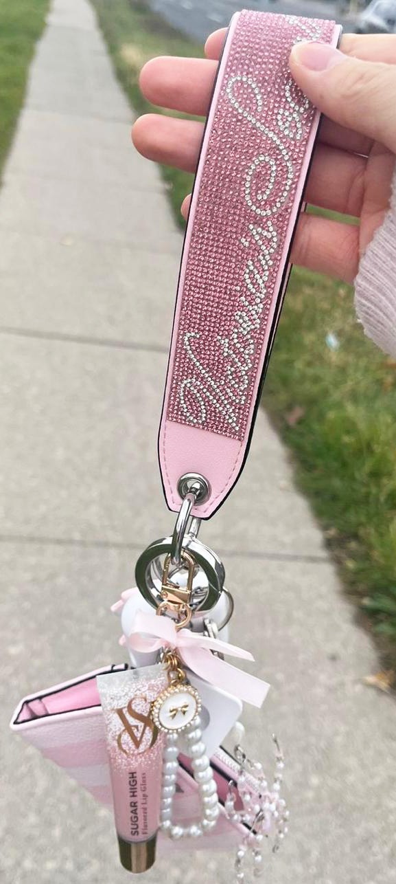 Victoria’s Secret VS Bling Rhinestone Wristlet Strap Keychain Pink Leopard