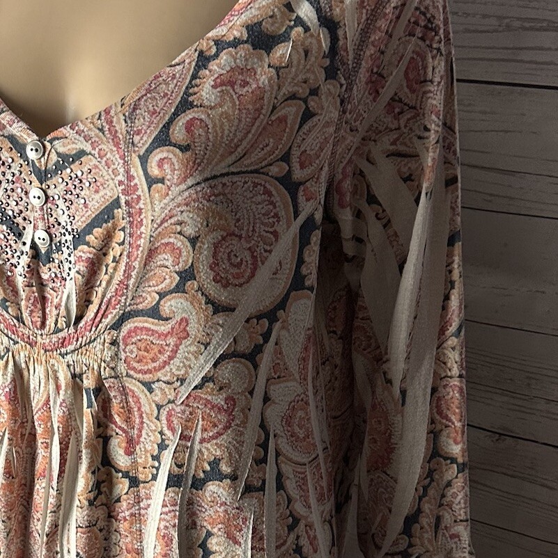 Vintage 90s One World Tunic Large Pink Tan Black Orange Paisley Rhinestone Shirt