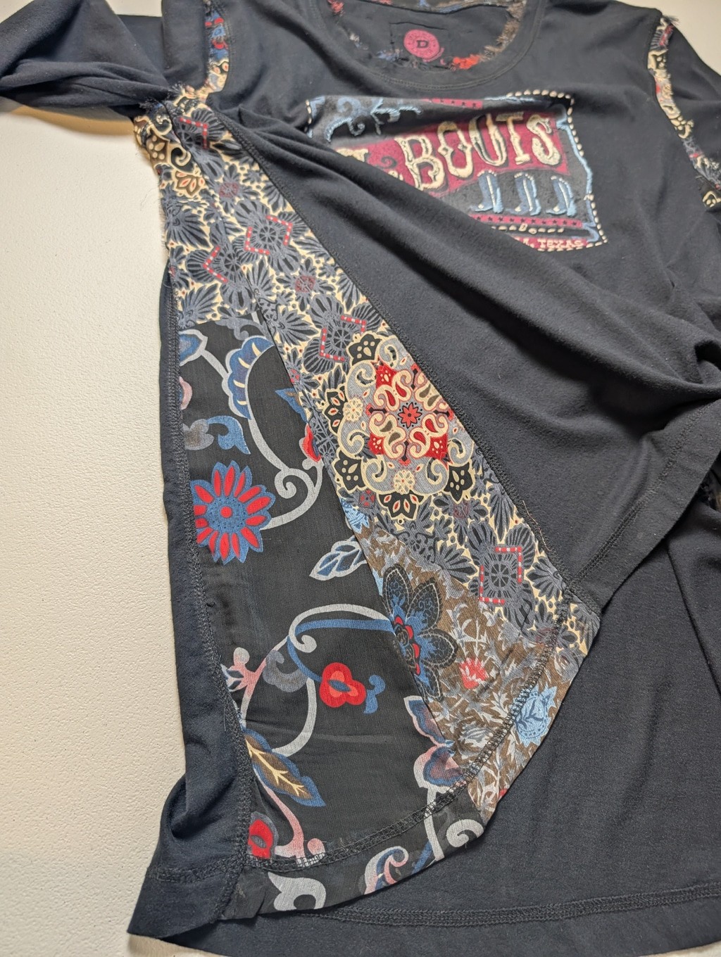 Double D Ranch Fine Boots Tunic L Embroidered Western Sheer Panel Black Top