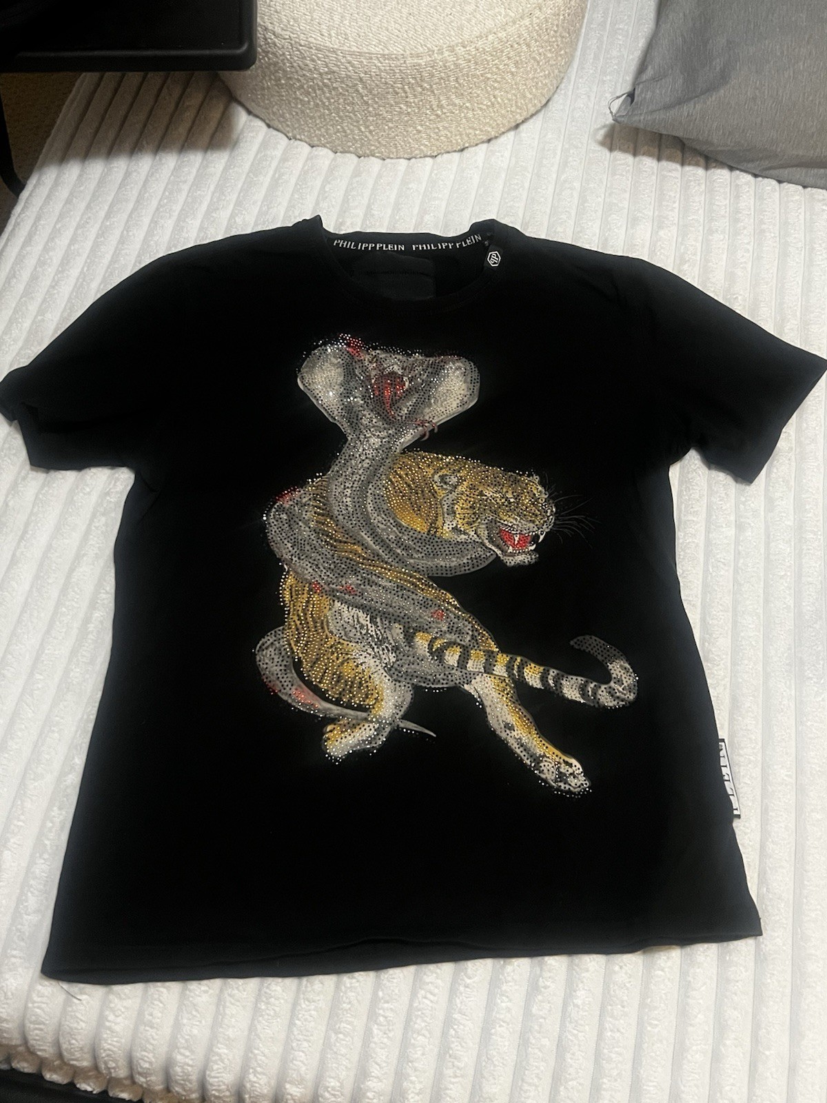 Authentic RARE Philipp Plein Platinum Cut Rhinestone King Cobra Tiger Logo LARGE