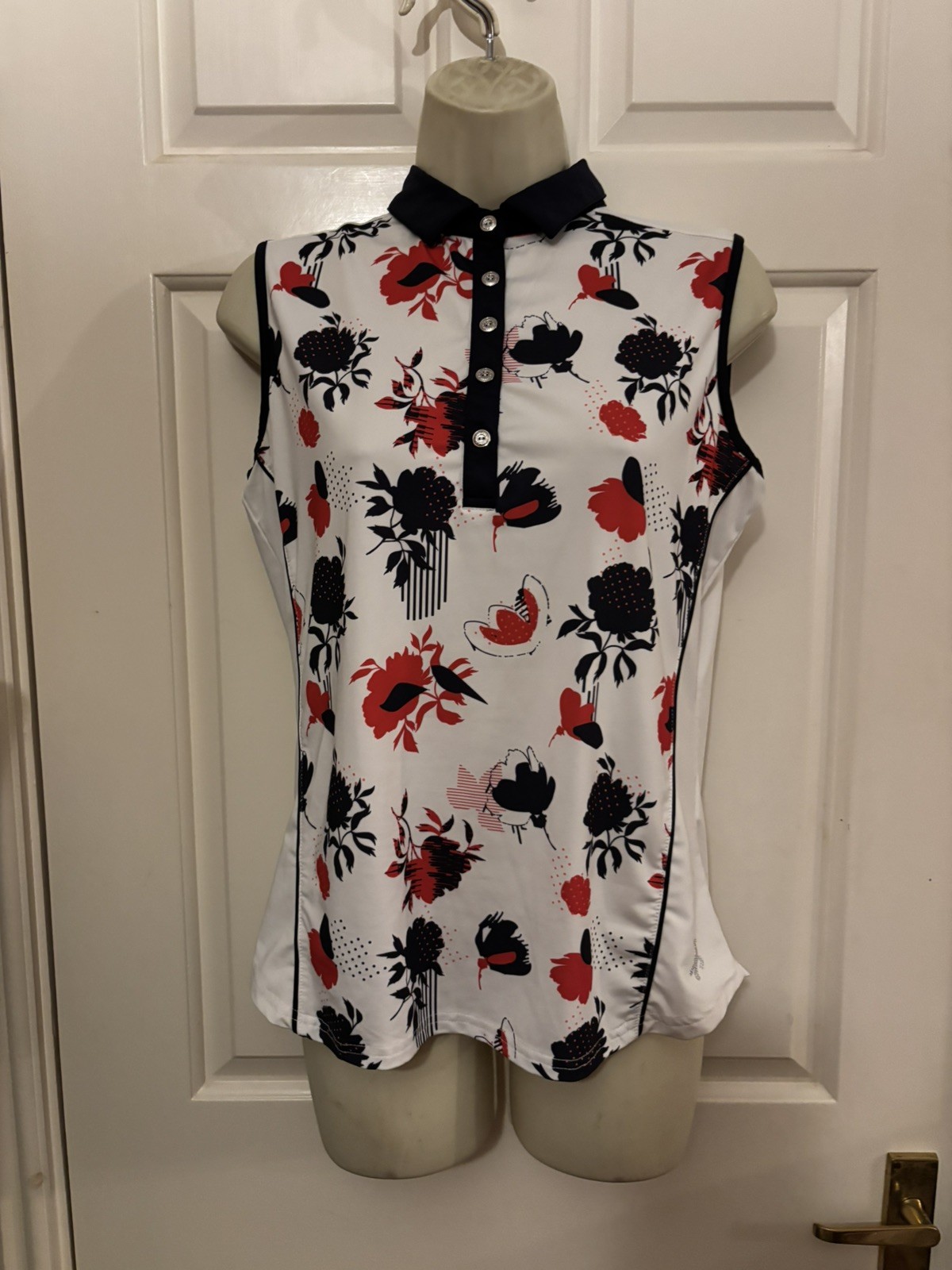 Green Lamb Golf Top size 12 White with Black & Red Print Equestrian Riding