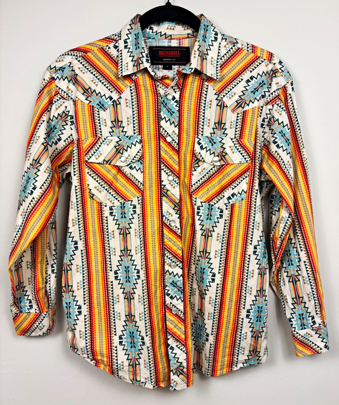 Rock & Roll Denim Shirt L Modern Fit Southwestern Aztec Pearl Snap Western Tribe