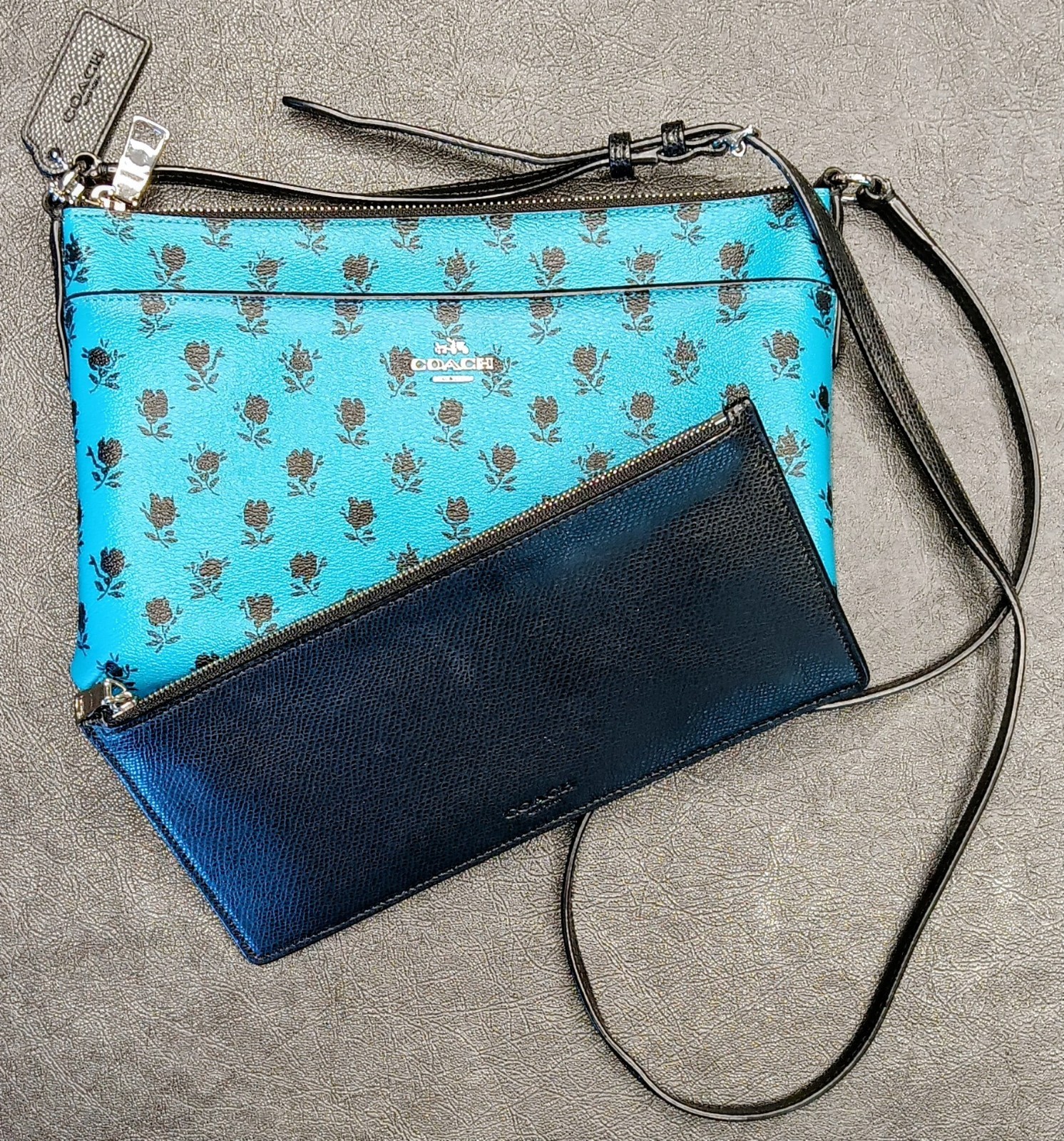 COACH Teal Blue Leather Floral Print w/ Pop Up Pouch Crossbody Bag #F38159 *READ