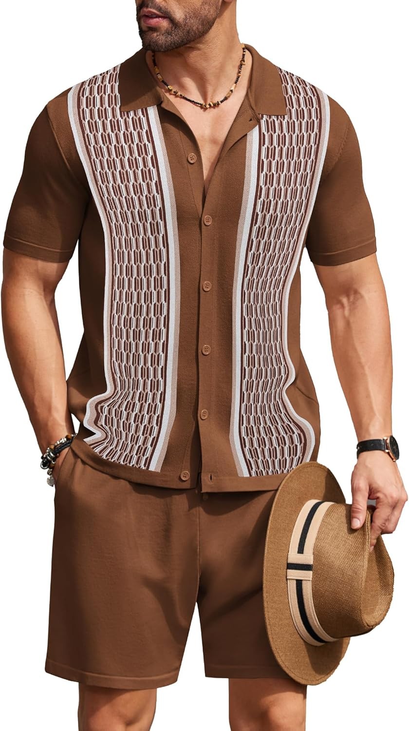 Men’s 2 Piece Outfit Vintage Short Sleeve Button Down Knit Polo Shirts