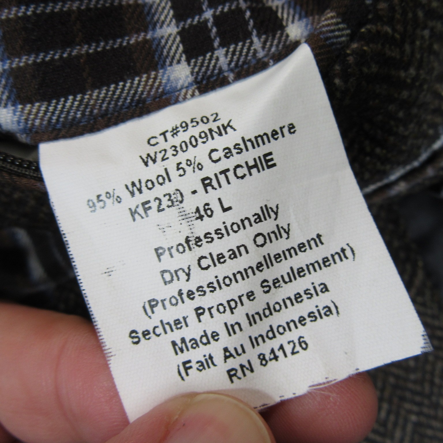 Kroon Tweed Sport Coat 46L 3 Button Brown Herringbone Throat Latch Double Vent