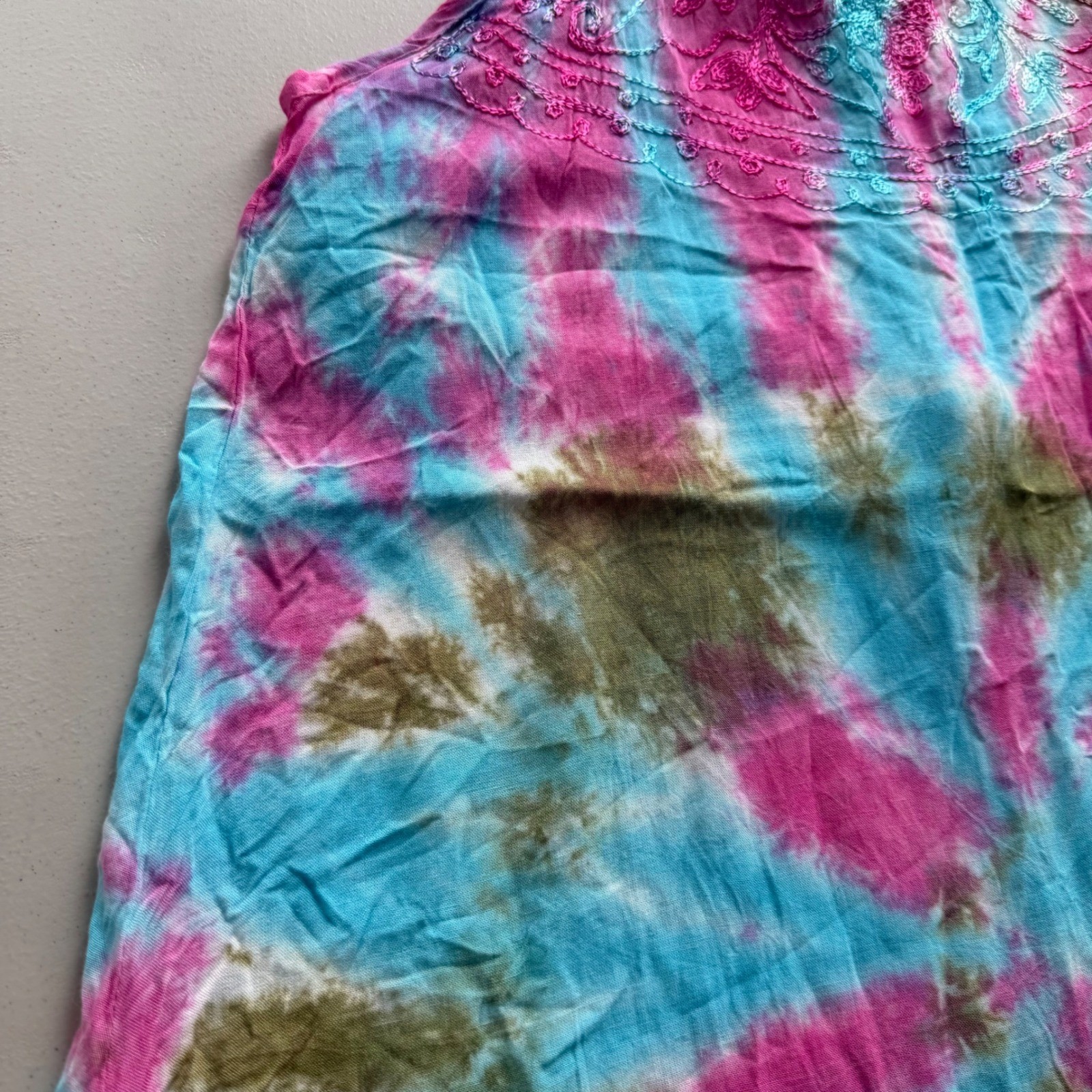 India Boutique One Size Pink Blue Green TieDye Embroider Halter Mini Dress Beach