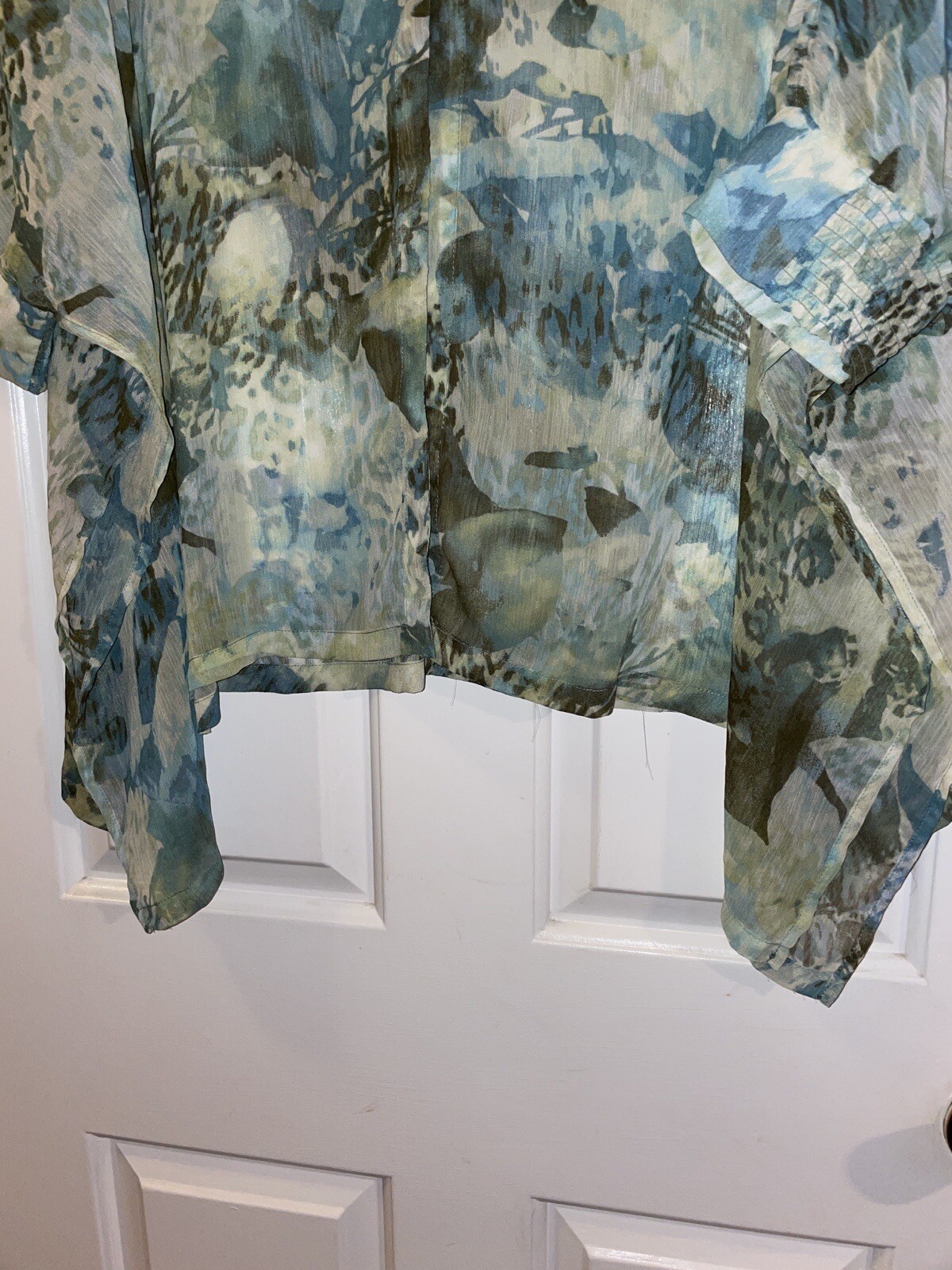 Chico’s Open Cover Up Lightweight Sz S/M Kimono Top Blue Green Rayon Blend
