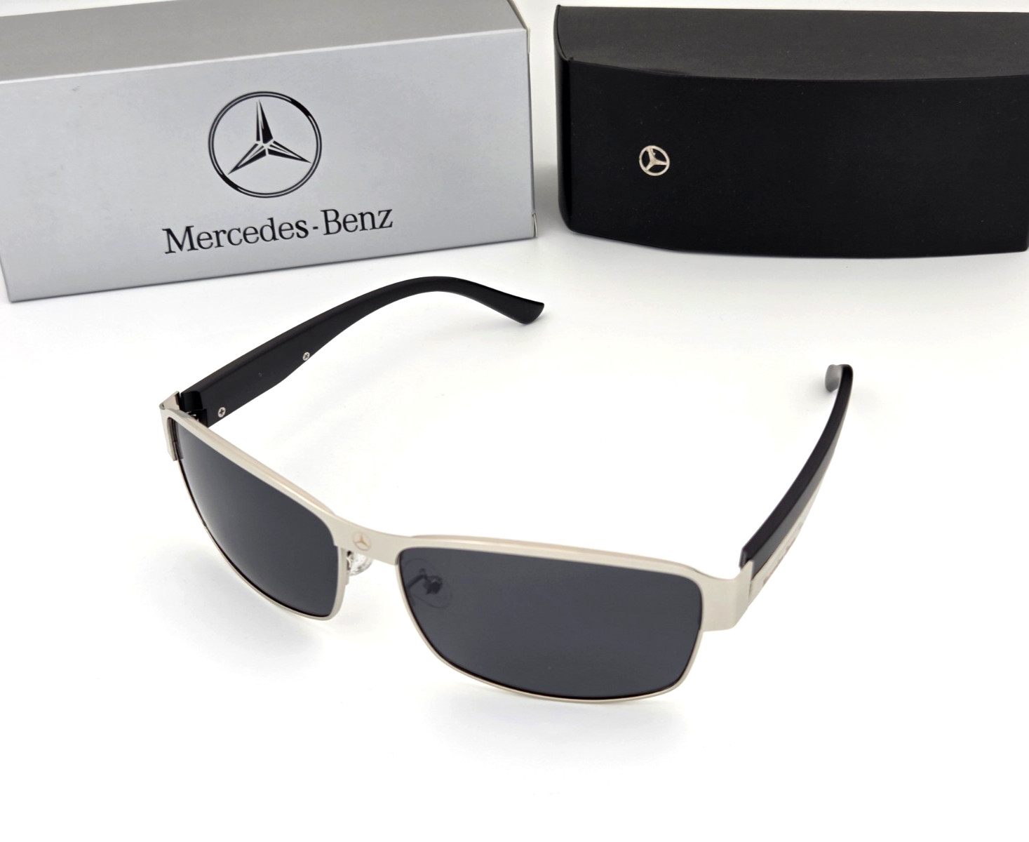 Polarized Mercedes Metal Rectangle Sunglasses Silver Frame Smoke Lens MB29