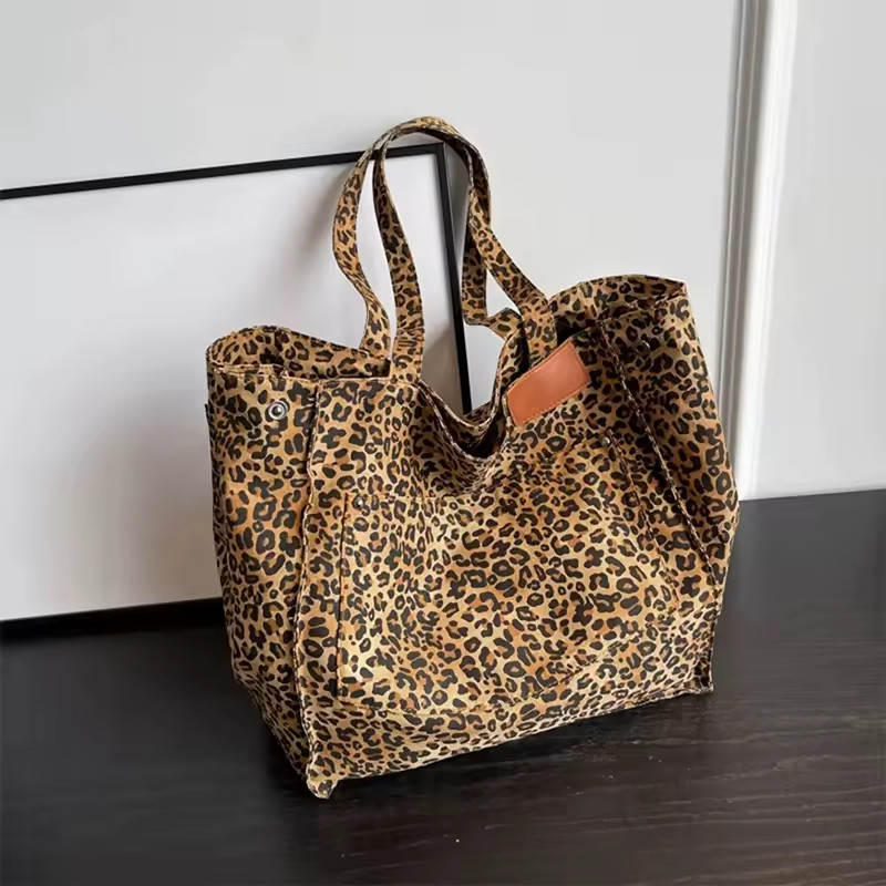 Vinatge Leopard Print Tote Bag Womens Large Canvas Shoulder Handbag Work Casual