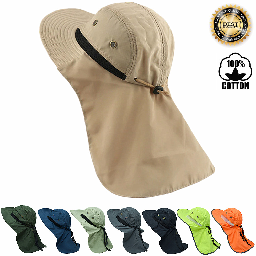Unisex Boonie Bucket Hat Sun Wide Brim Neck Flap 100% Cotton Cap Outdoor Hats