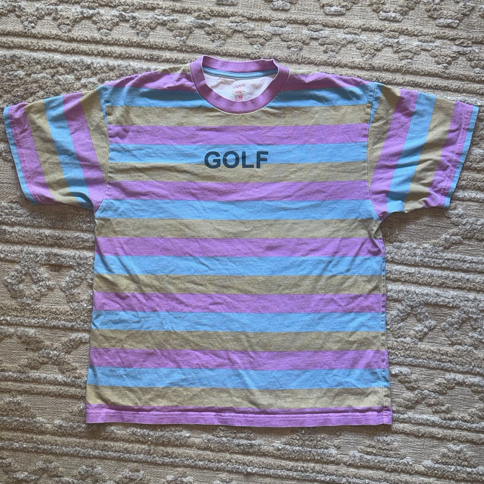 Golf Wang Wolf 10 Years Striped Graphic T Shirt XL Pink Blue Tan Cotton Tee