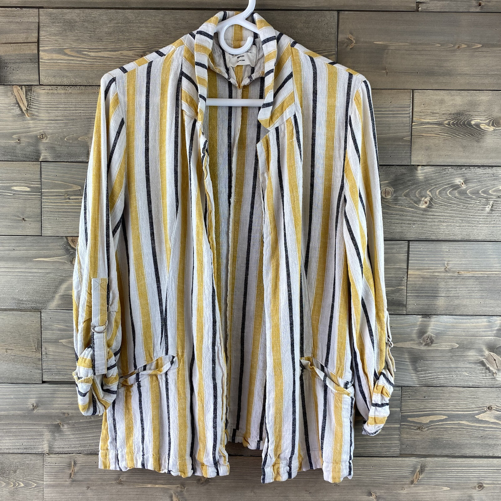 Love Tree Womens Shirt Long Roll Sleeve Open Front Striped Linen Blend Medium