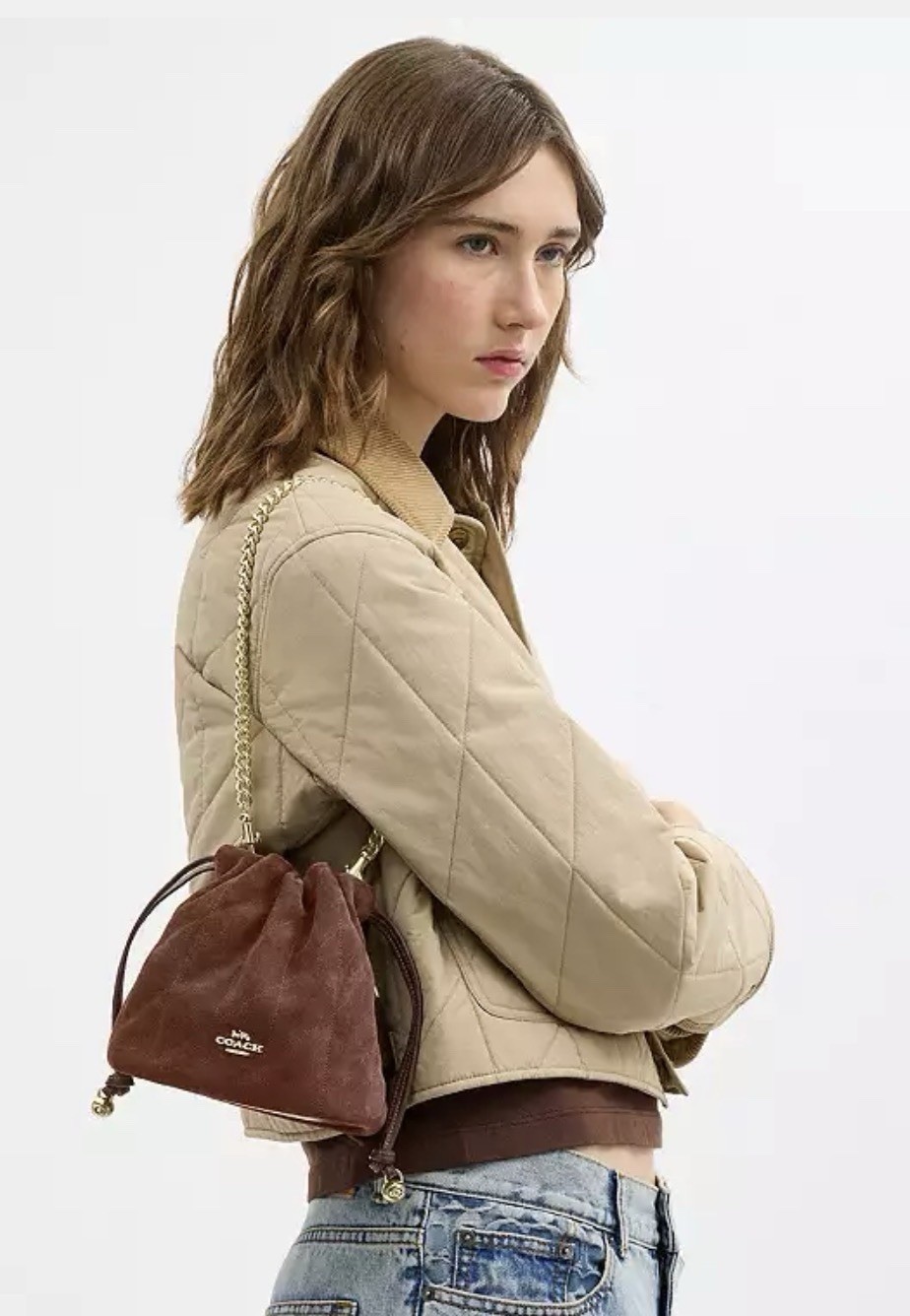 🤎 NWT COACH Faye Mini Drawstring Bag With Quilting Suede & Leather CDC42 Brown