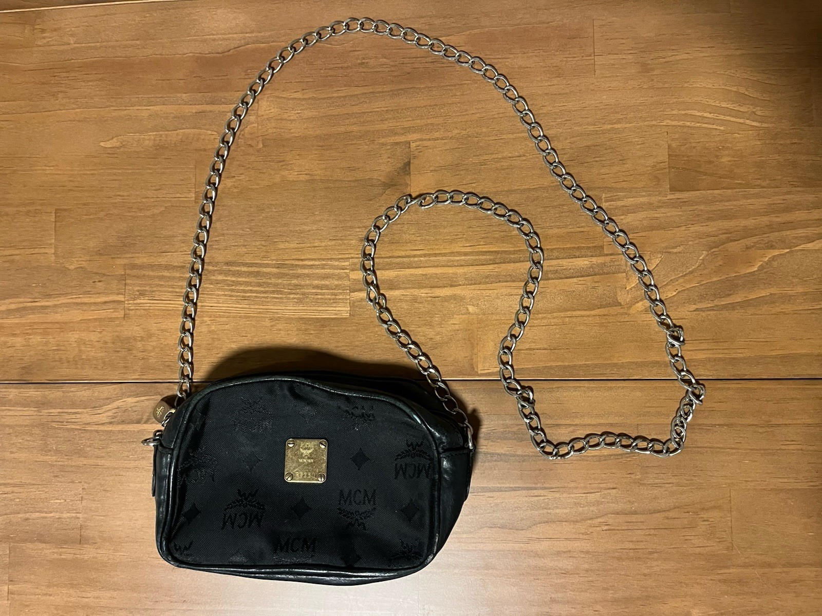 MCM Visetos Monogram Small Shoulder Bag Black Chain Strap Zip Closure