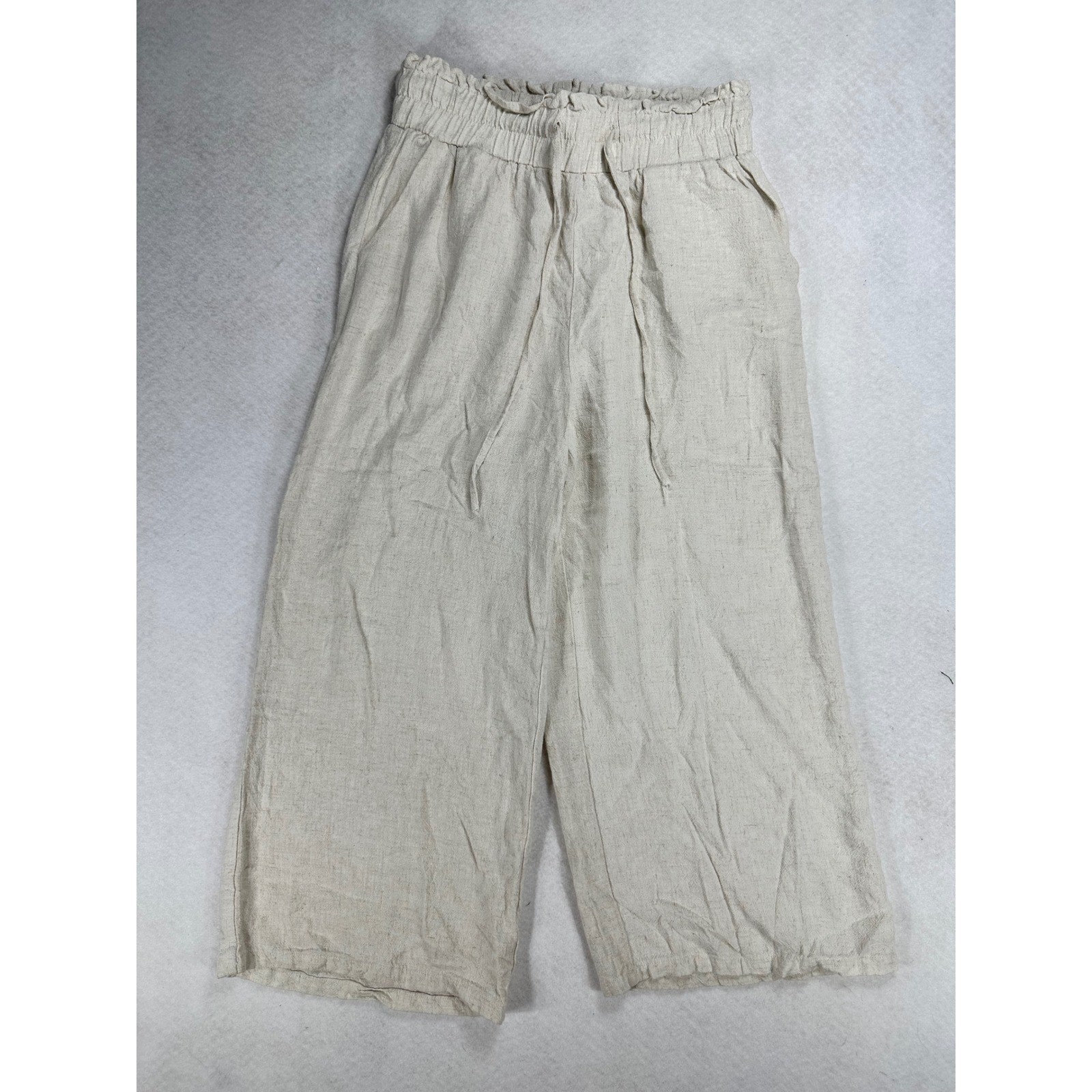 Anrabess Linen Blend Wide Leg Pants Beige Paperbag Waist Drawstring Small