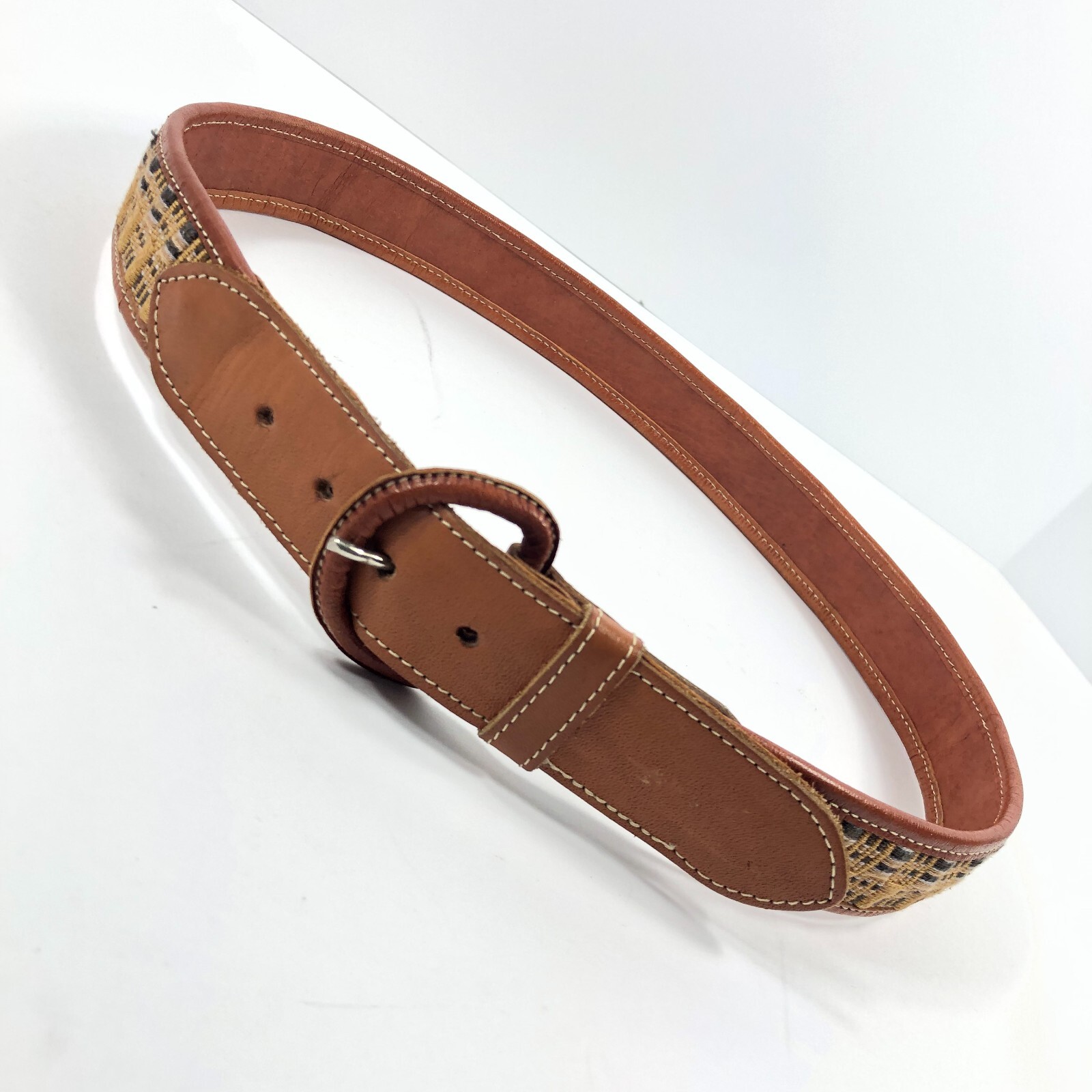 Handmade Leather Textile Belt Guatemala? Brown Boho Ethnic Unisex 30