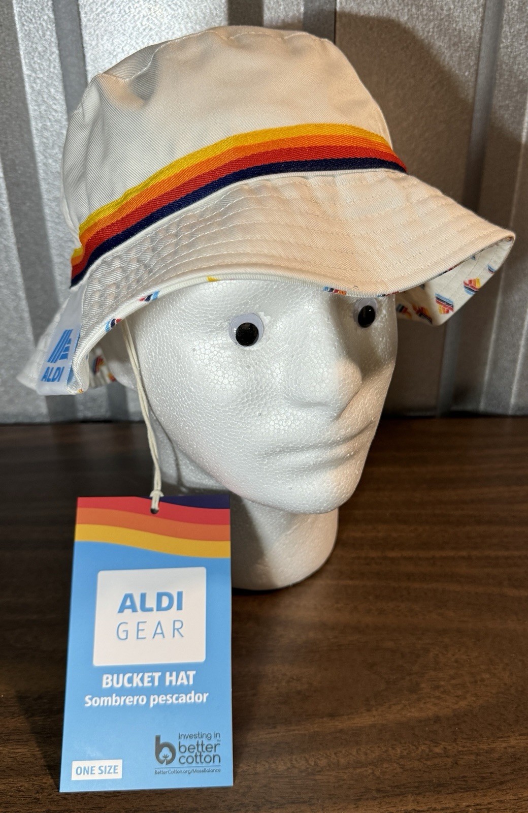 New NWT ALDI Gear White Bucket Hat with Iconic Logo Rainbow Stripes One Size