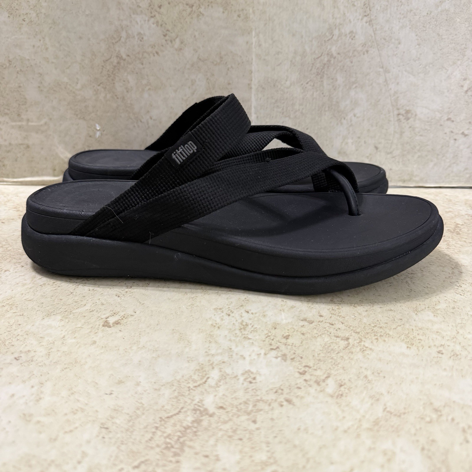 FitFlop F-Mode Go Sandals Womens 10 Black Strappy Webbing Comfort Casual Slides