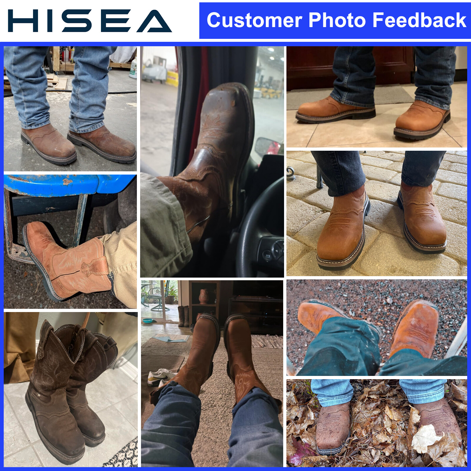 HISEA Men Grain Leather Western Cowboy Boots Steel/Soft Toe Waterproof Work Boot