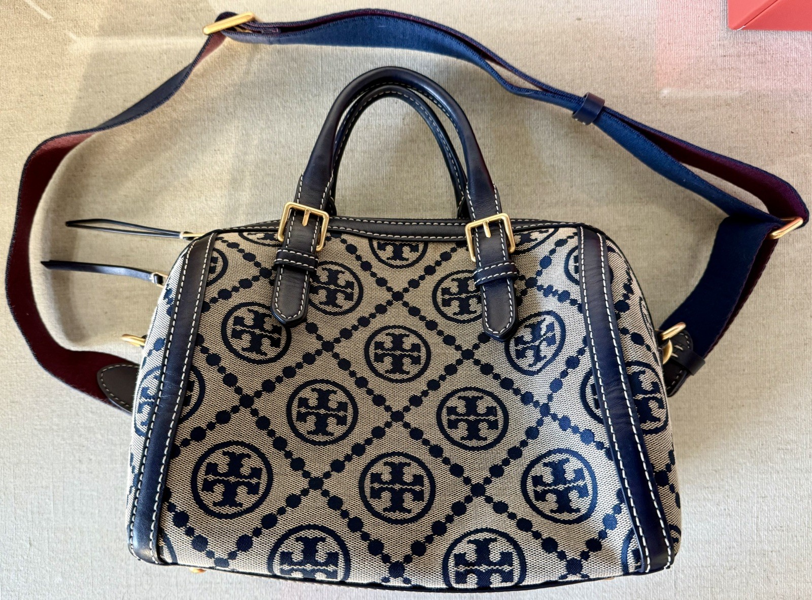 Tory Burch Monogram Navy Jacquard Barrel Handbag