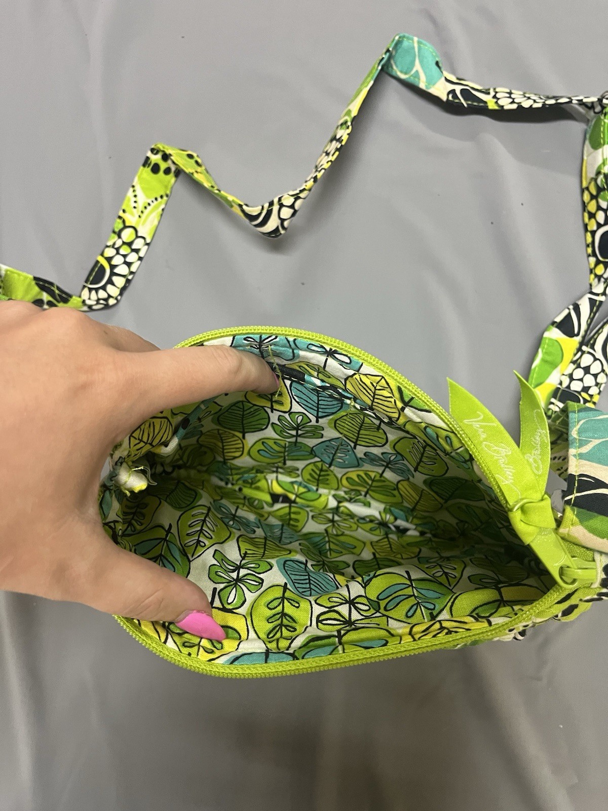 Quilted Green Blue Floral Small Crescent Crossbody Bag Zip Lined Pockets Charm