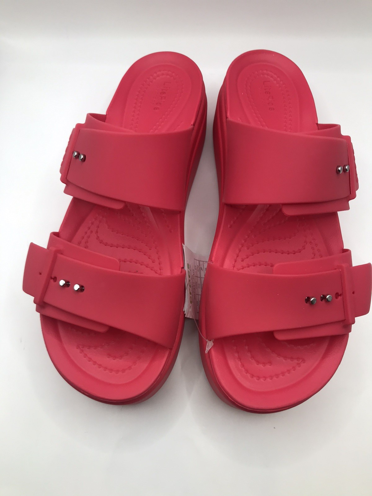 WOMEN’S CROCS WATERMELON RED BROOKLYN BUCKLE LOW WEDGE SLIDE SANDAL SIZE 10 NWT