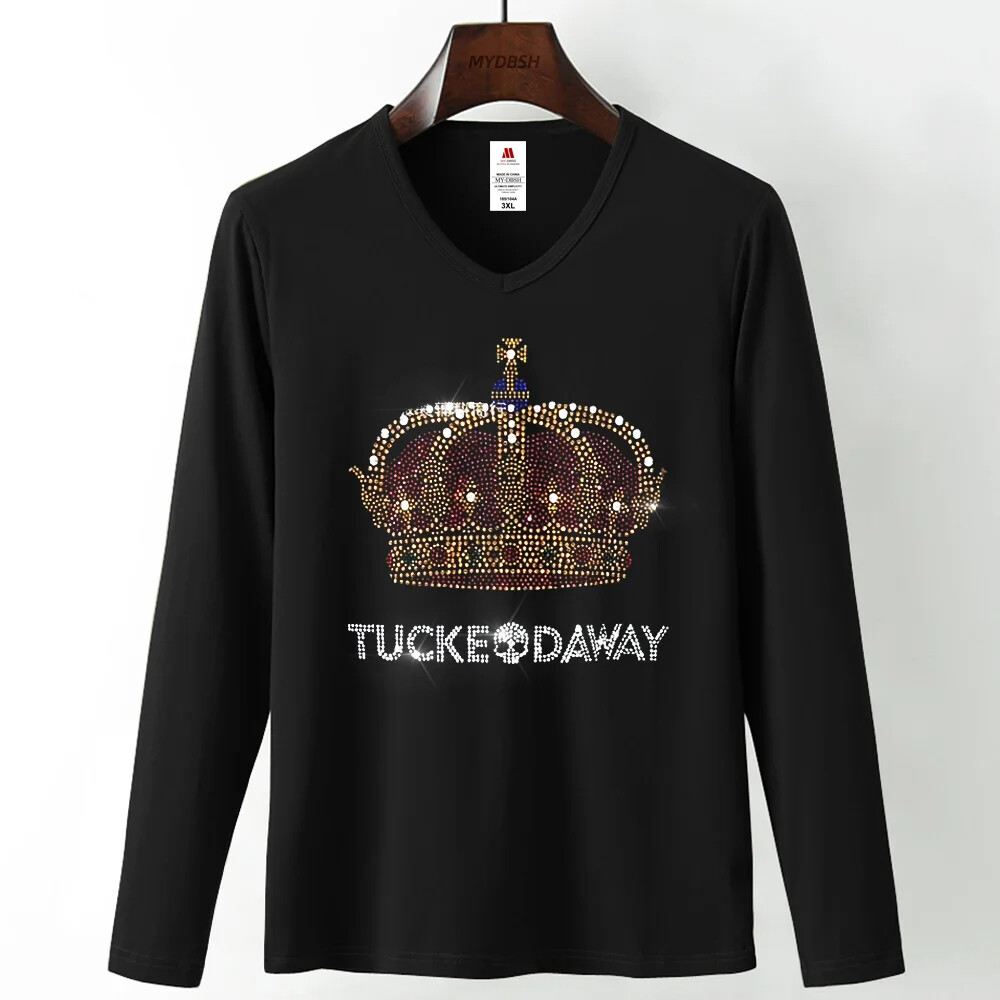Fashion Trend Crown Rhinestones Streetwear Long Sleeve Luxury Men V-Neck T-Shirt