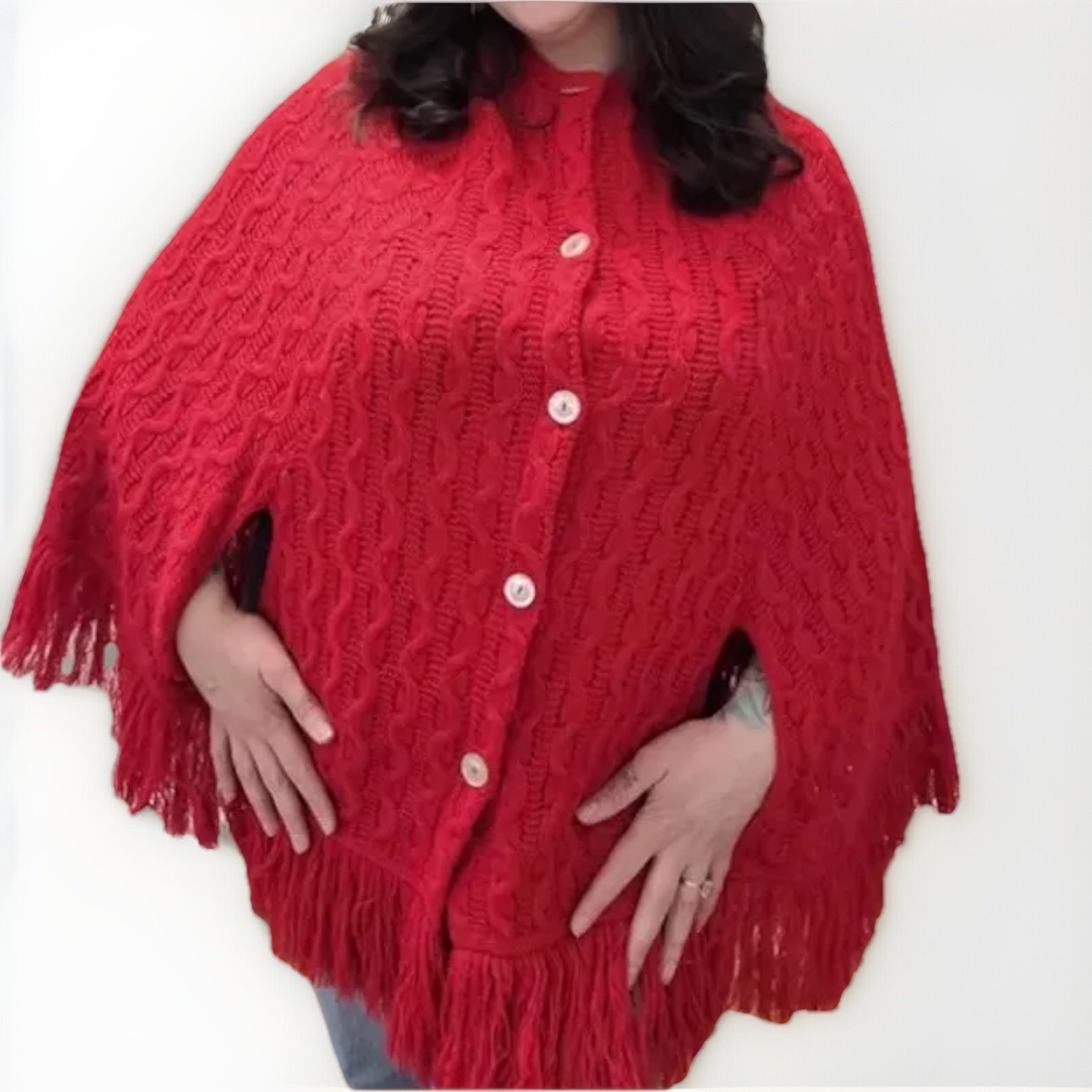 Montgomery Ward Button Up Acrylic Knit Poncho Fringe Red Vtg 70’s Sweater