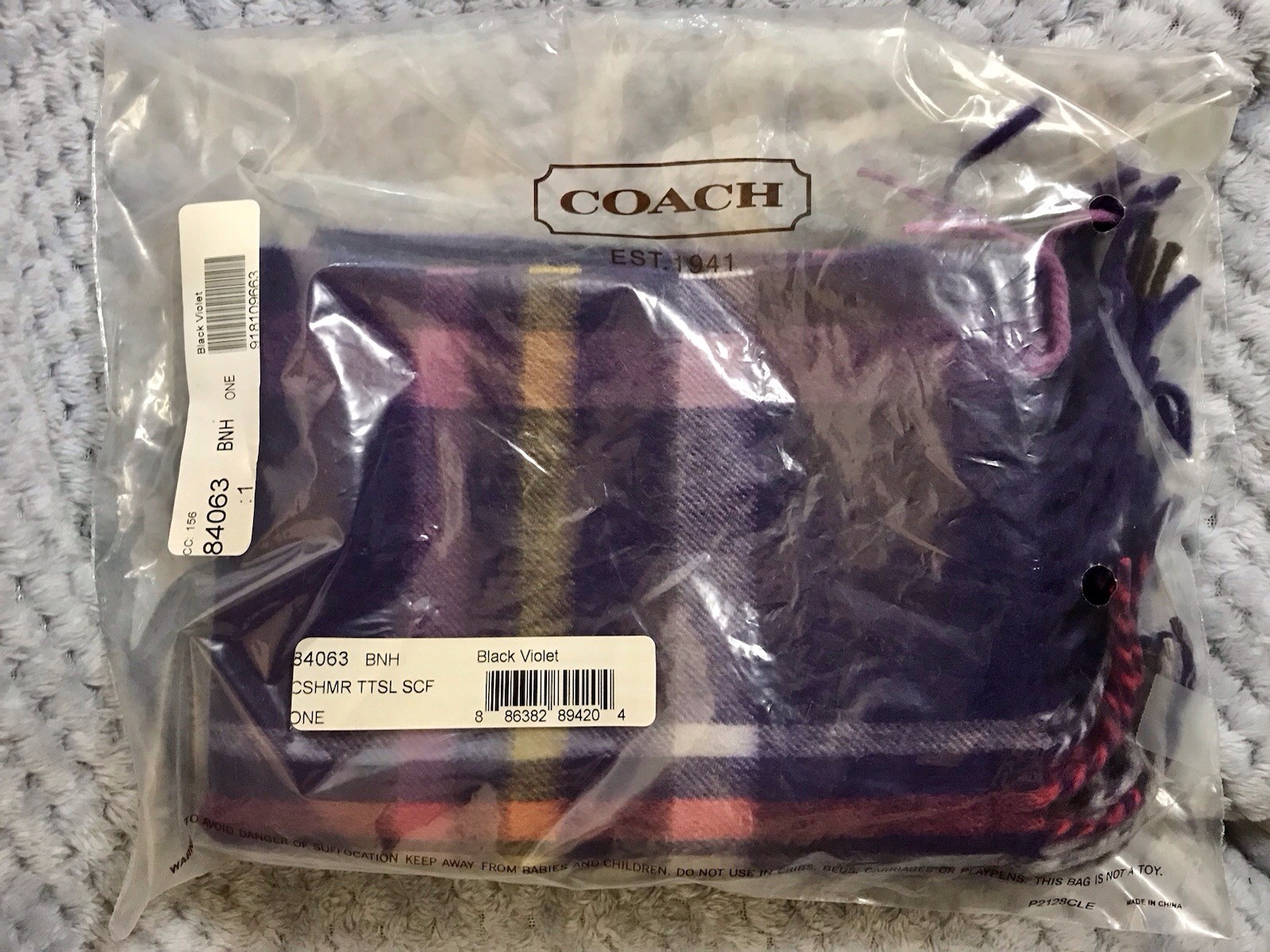 Coach Black Violet 100% Cashmere Scarf NWT In Bag 70”L X 12”W $178 MSRP