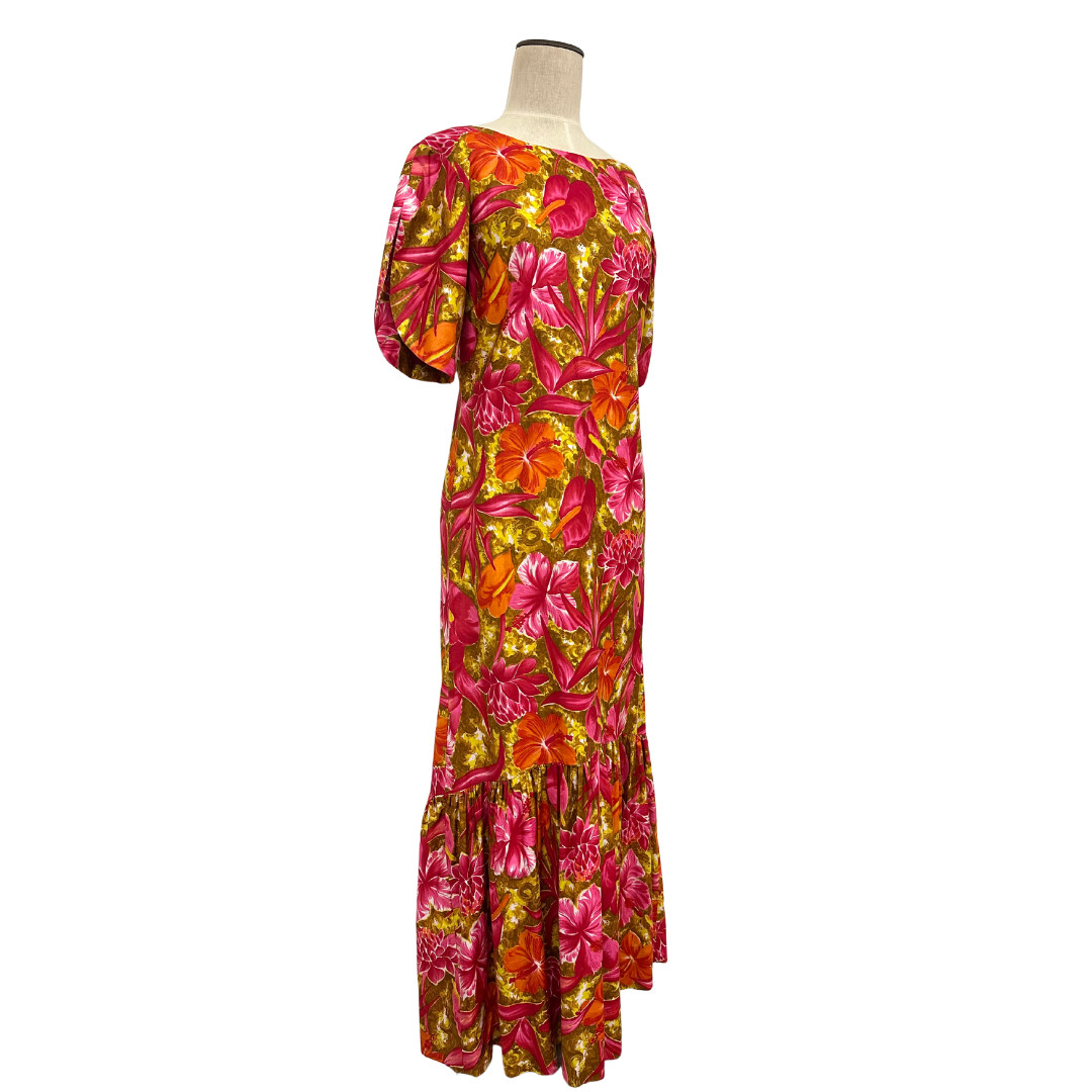 Vintage 1960s Handmade Pink & Orange Tropical Floral Trumpet Pake Muu Maxi Dress