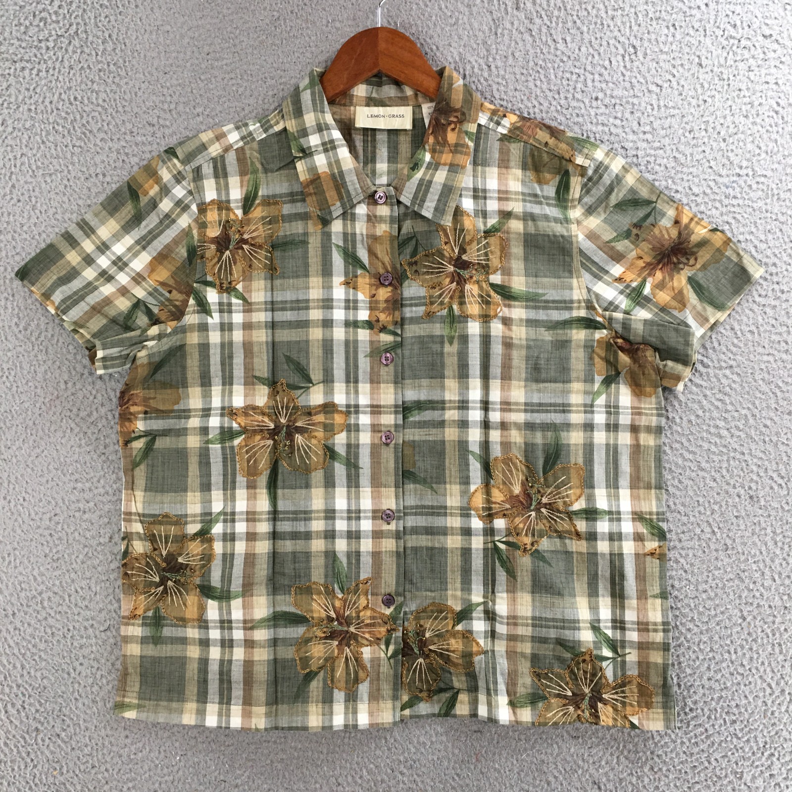 Lemongrass Button Up Shirt Womens L Short Sleeve Floral Print Plaid Multicolor