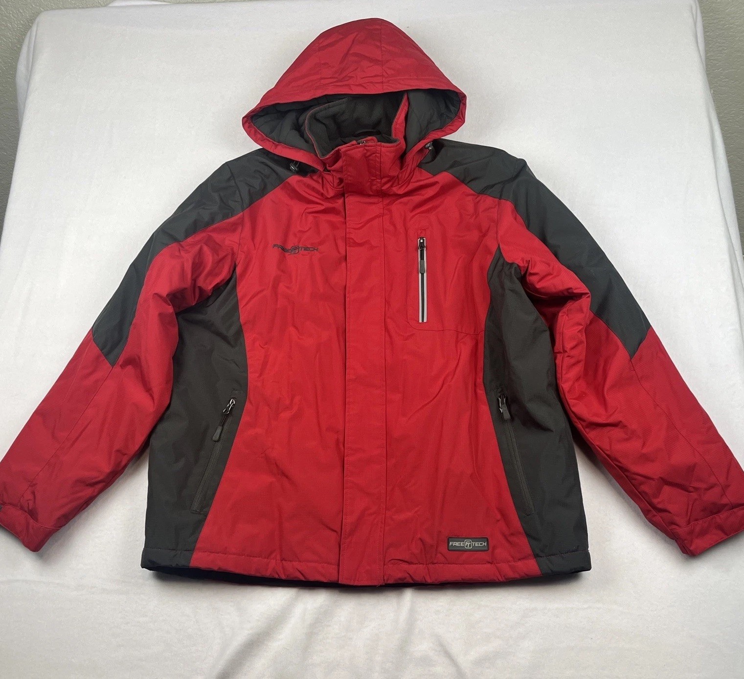 Freetech Outerwear Hooded Lined Red Gray Black Winter Jacket Coat Men’s Large