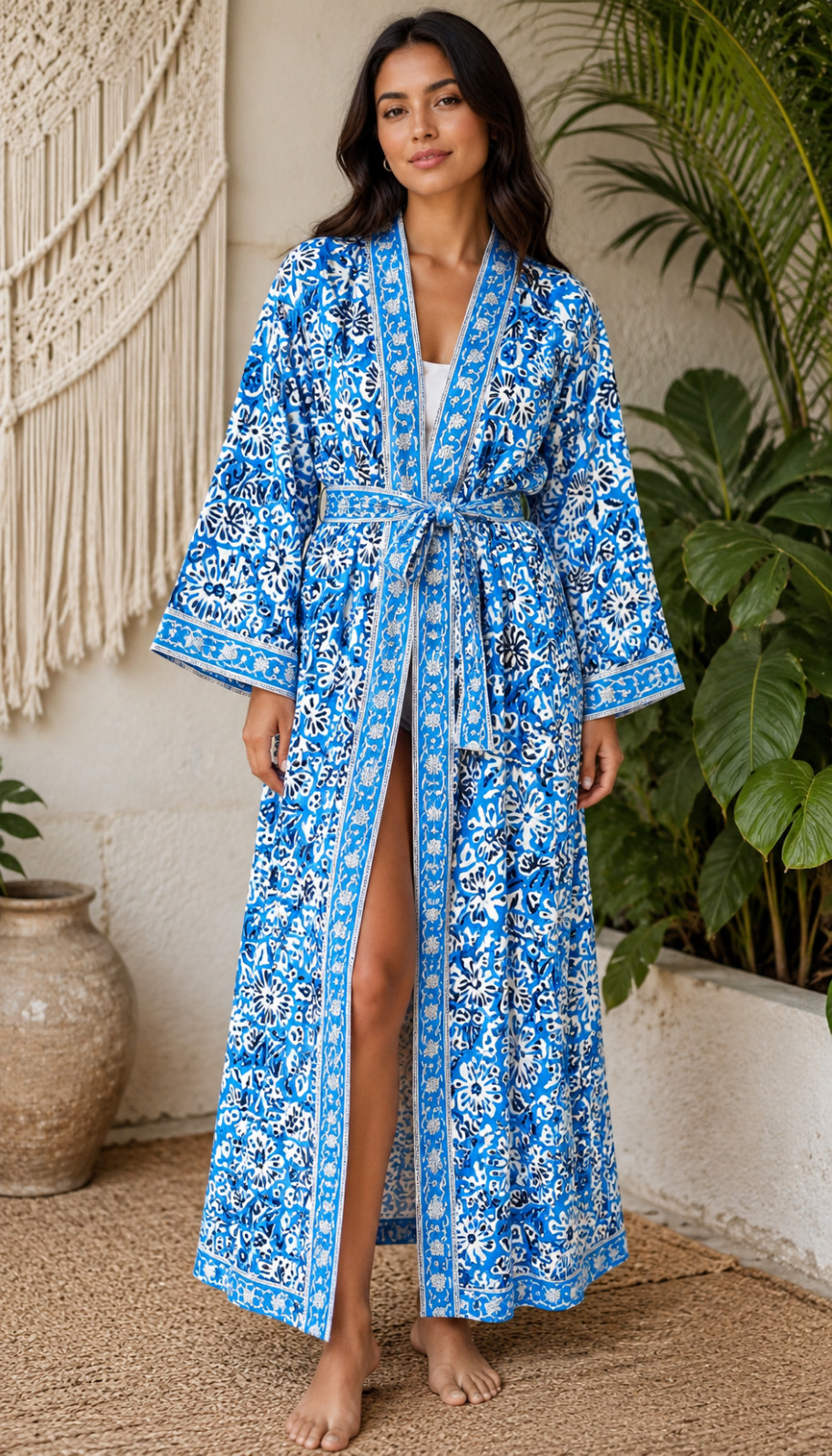 Women’s Cotton Kimono Robe Blue Floral hand block Print Dressing Boho Bathrobes