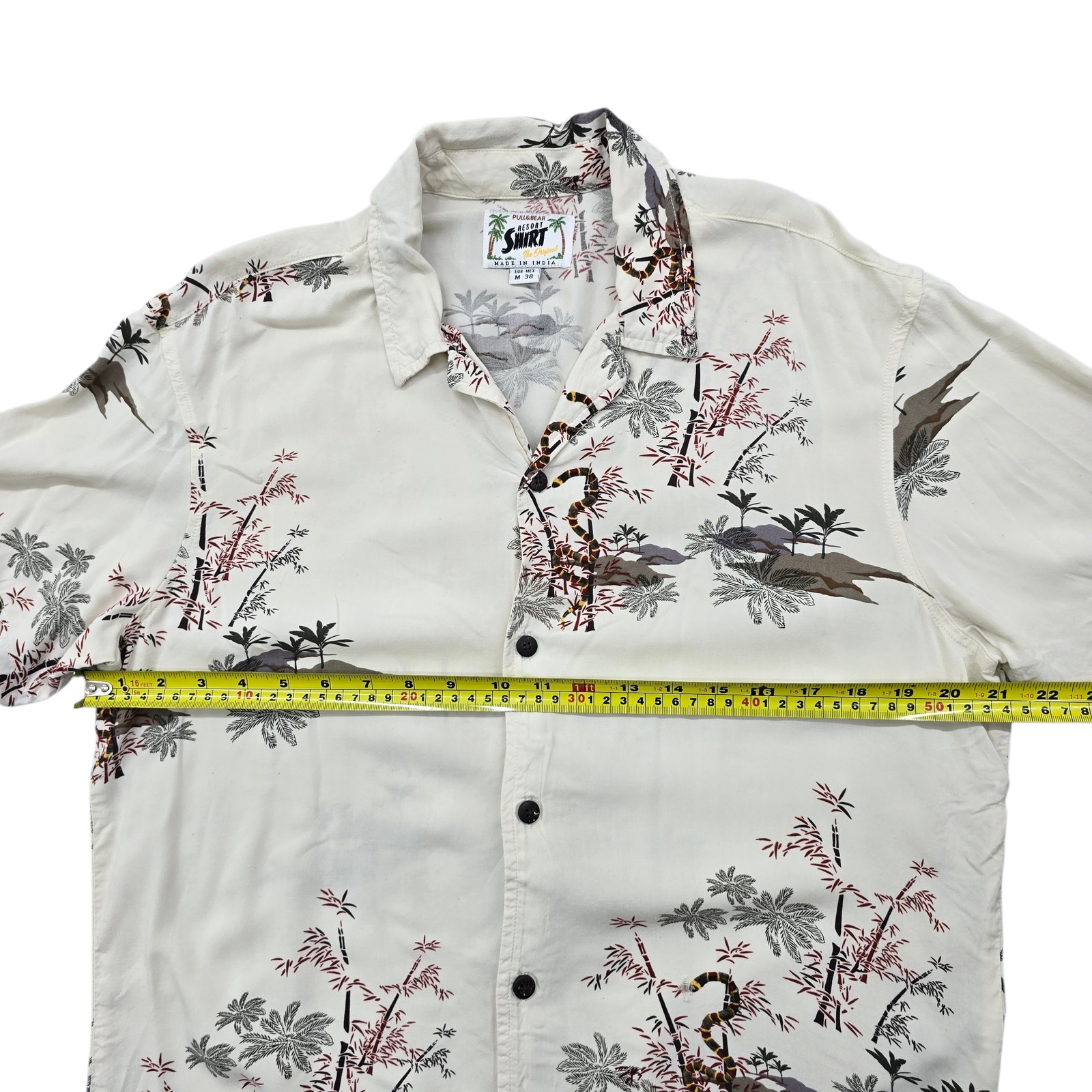 Pull & Bear Mens Shirt M Cream Tropical Bamboo Bird Resort