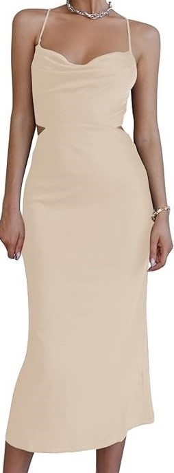 Lyaner Cocktail Dress M Satin Champagne Cutout Back Cowl Neck Strappy New