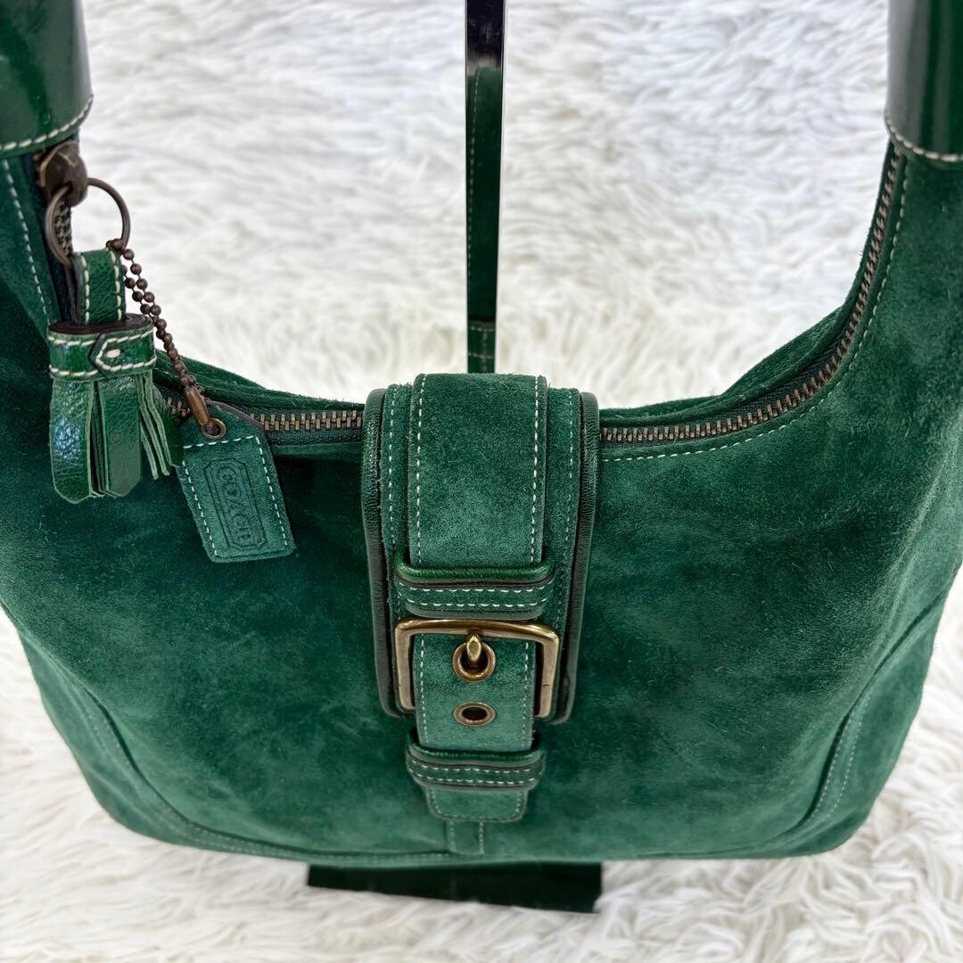 COACH Vintage Suede Hobo Shoulder Bag Green Gold Tassel Women 12.6in Lush Style