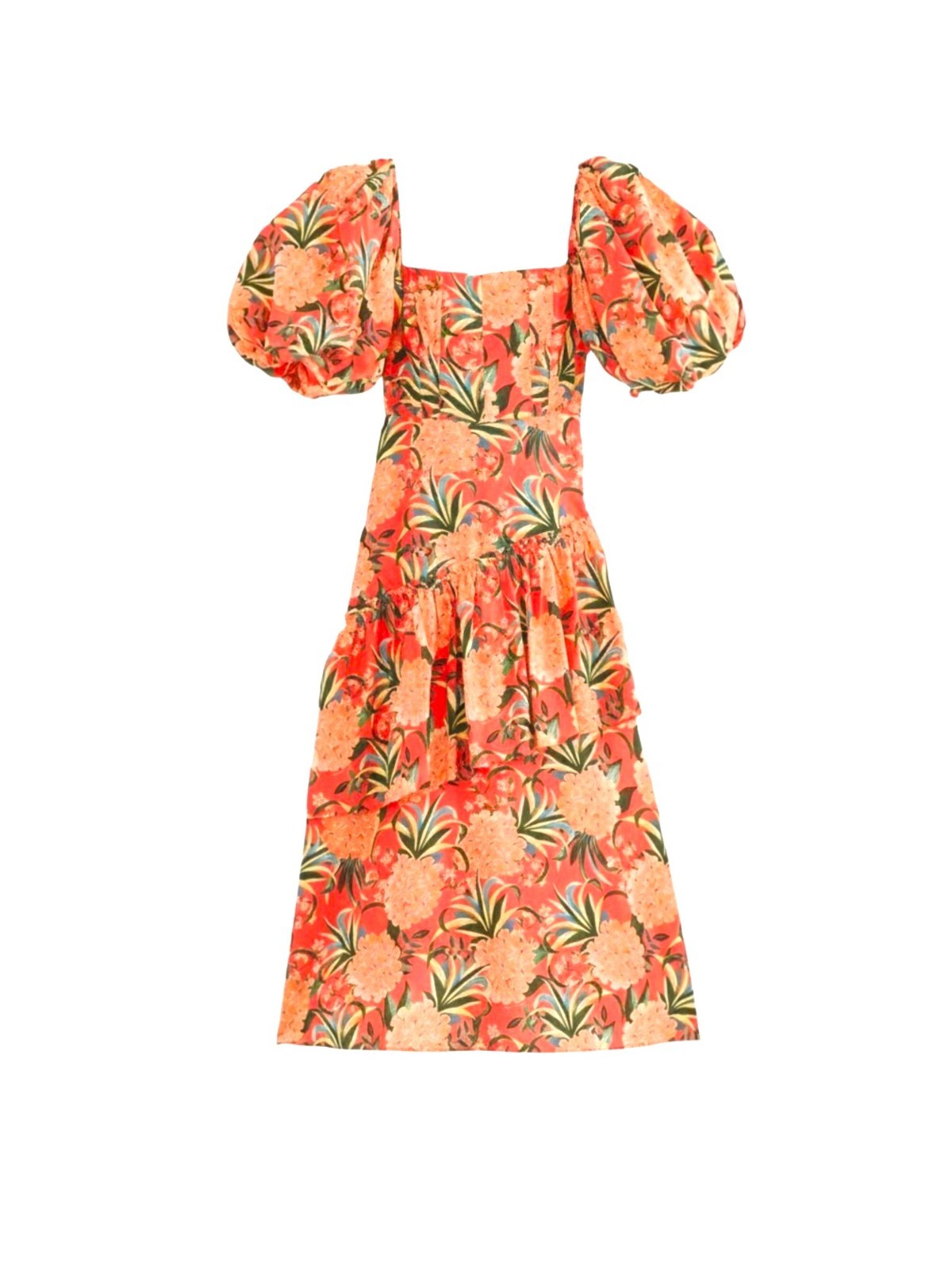 NWT Farm Rio Pineapple Bloom Red Cut Out Midi Dress Puff Sleeve Sz XS $275