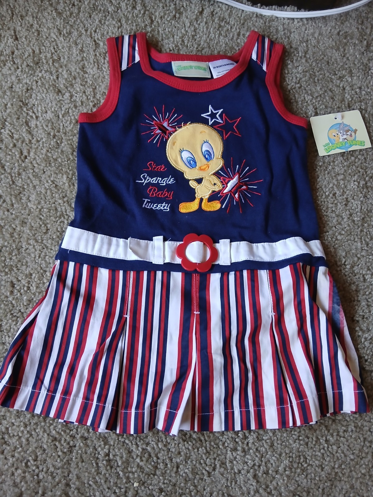 NWT Vintage Looney Tunes Tweety Girls dress Blue Red White Striped Patriotic