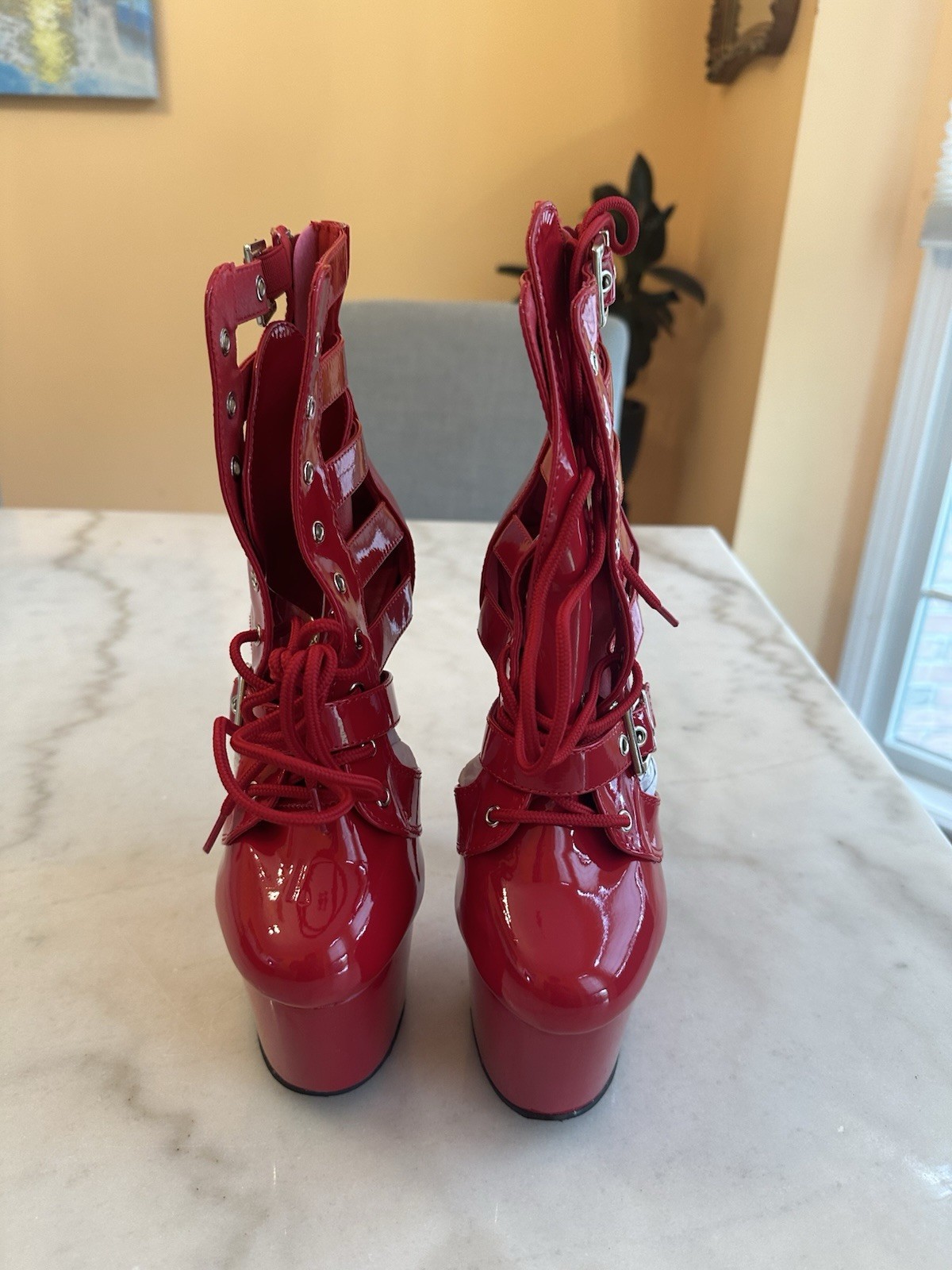 Pleaser ADORE-1013MST Red Patent Leather Lace-Up Platform Ankle Boots US 7