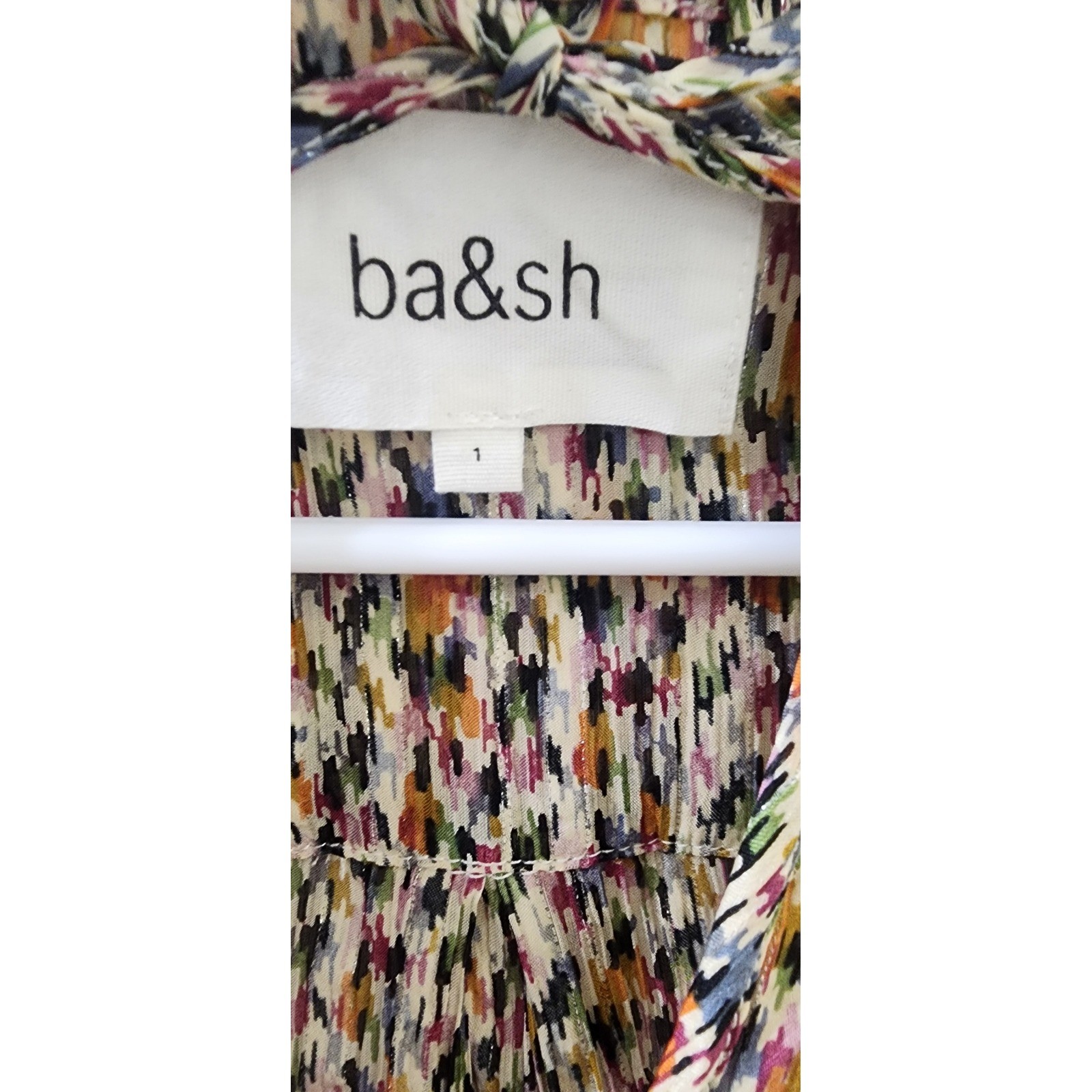 ba&sh Lady Top Multi Color Abstract Pleated Ruffle Neck Blouse Size 1 Small