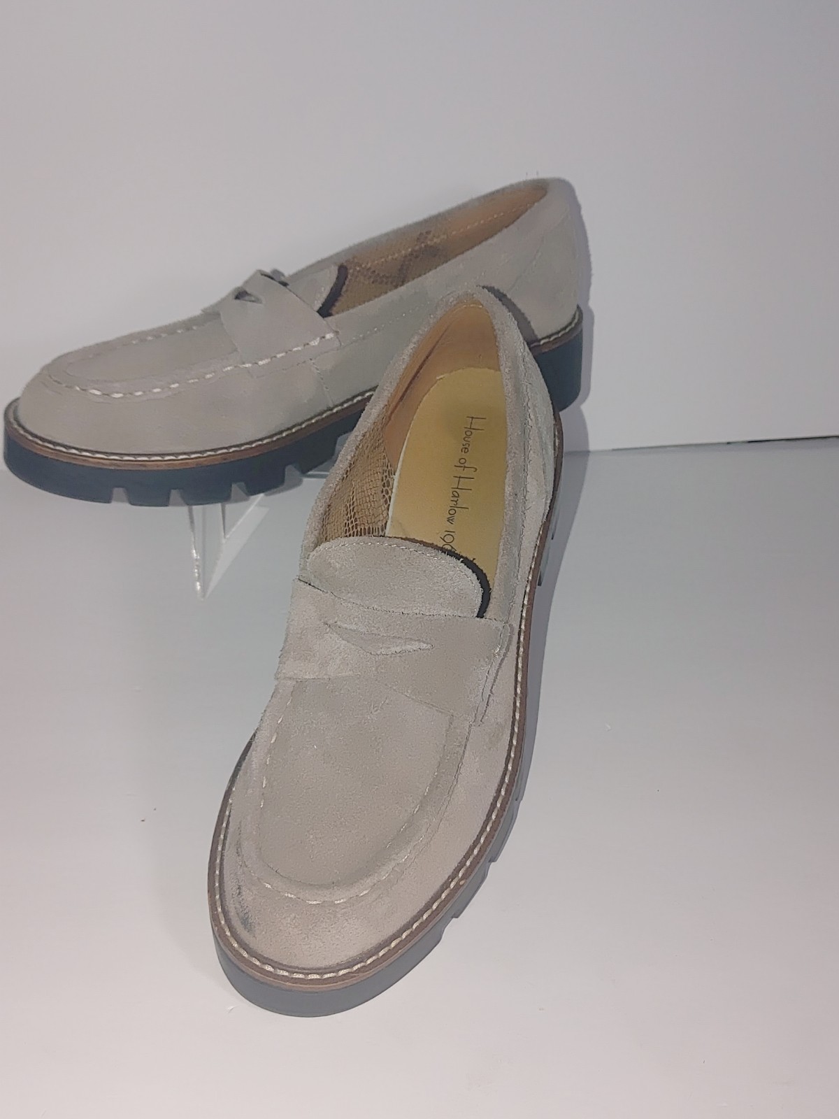 House of Harlow 1960 Womens 8.5M Suede Taupe Leather Penny Loafer Lug Sole Shoes