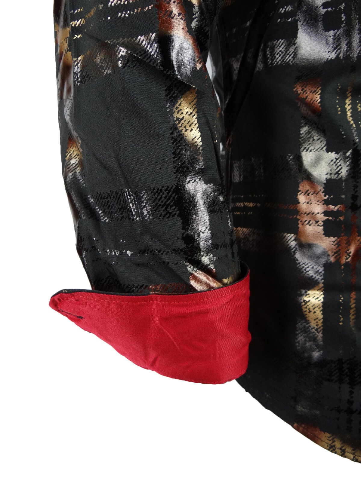 Mens Shirt Designer Plaid Print Bronze Leaf Foil Overlay Stretch Slim Fit Button