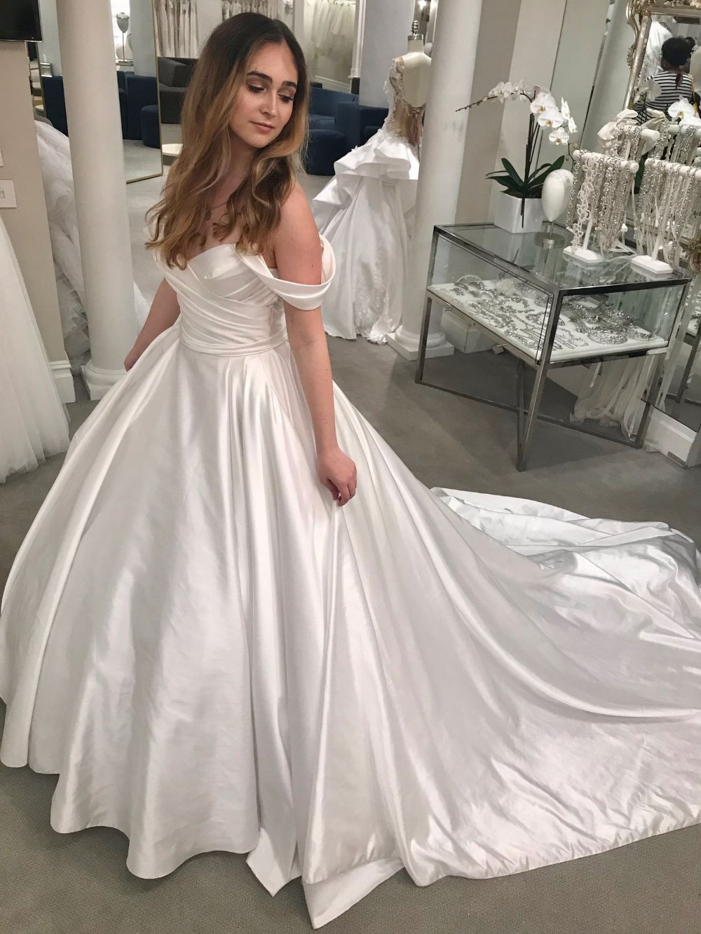 Classic Wedding Dresses Off The Shoulder Satin Ruched Sweep Train Bridal Gowns