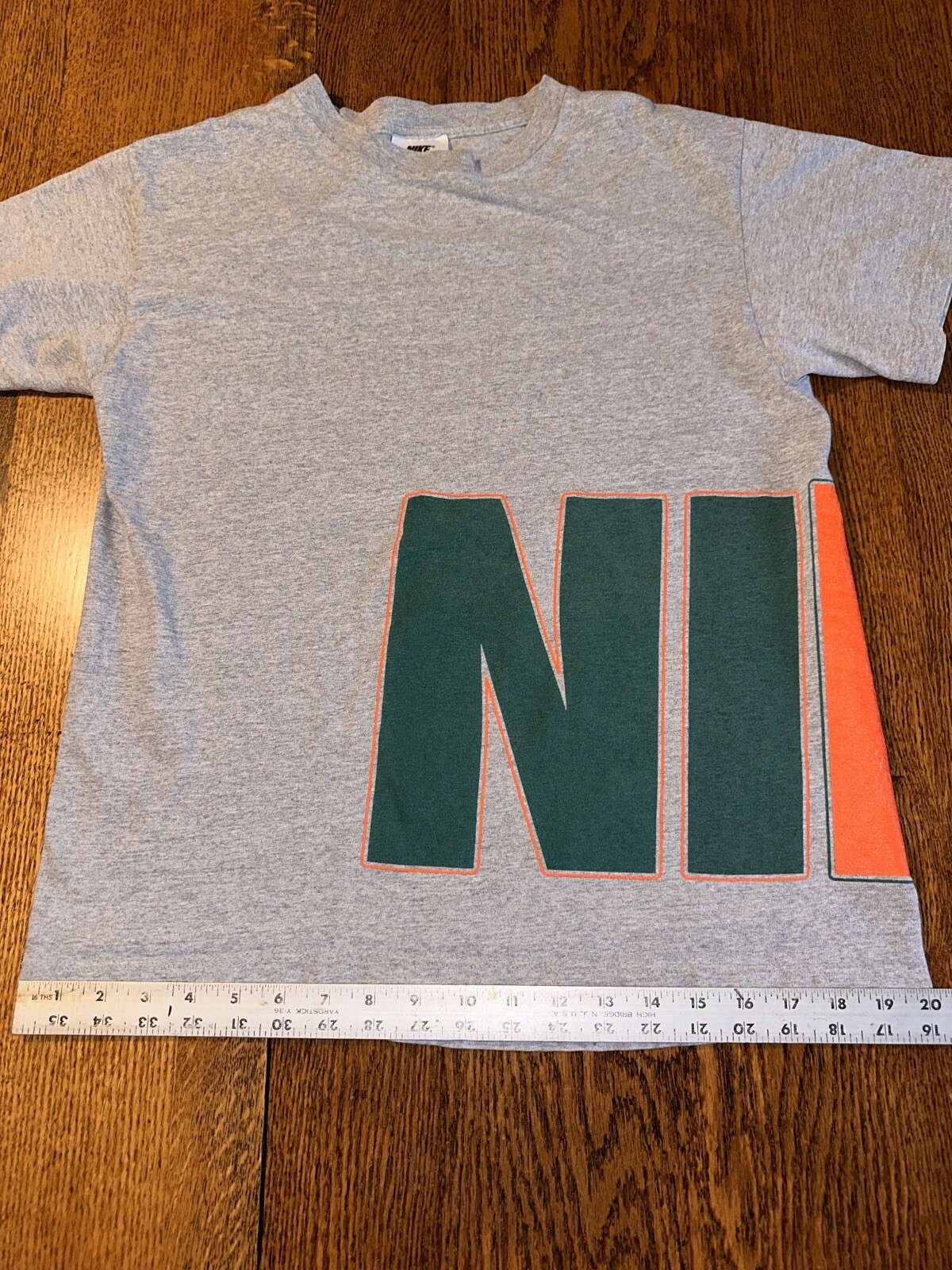 Vtg 90s Nike Spell Out Big Wrap Graphic T Shirt Made USA Gray Green Orange XL