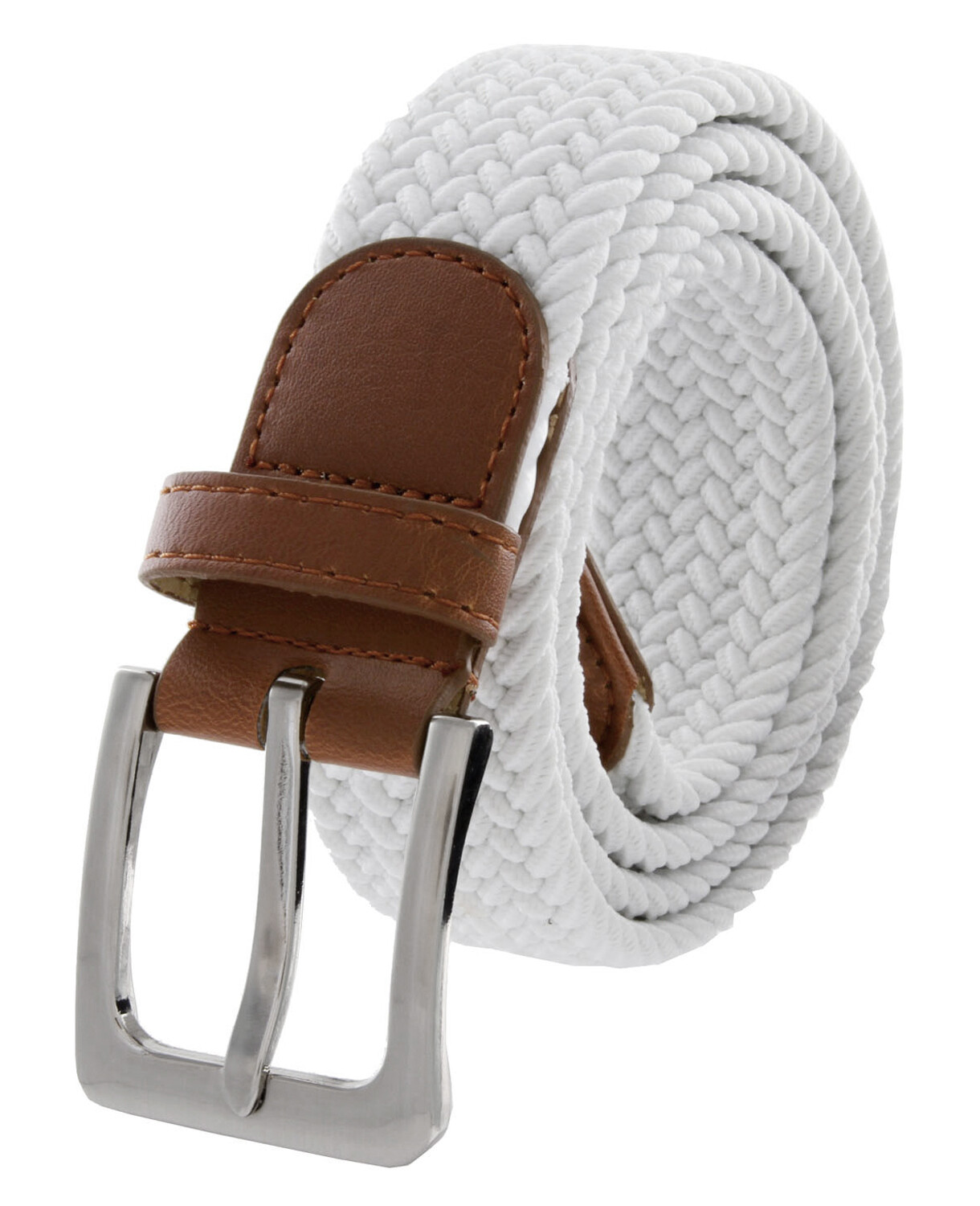 White Stretch Belt Braided Elastic Casual Weave Canvas Fabric Woven Belt 1-3/8″