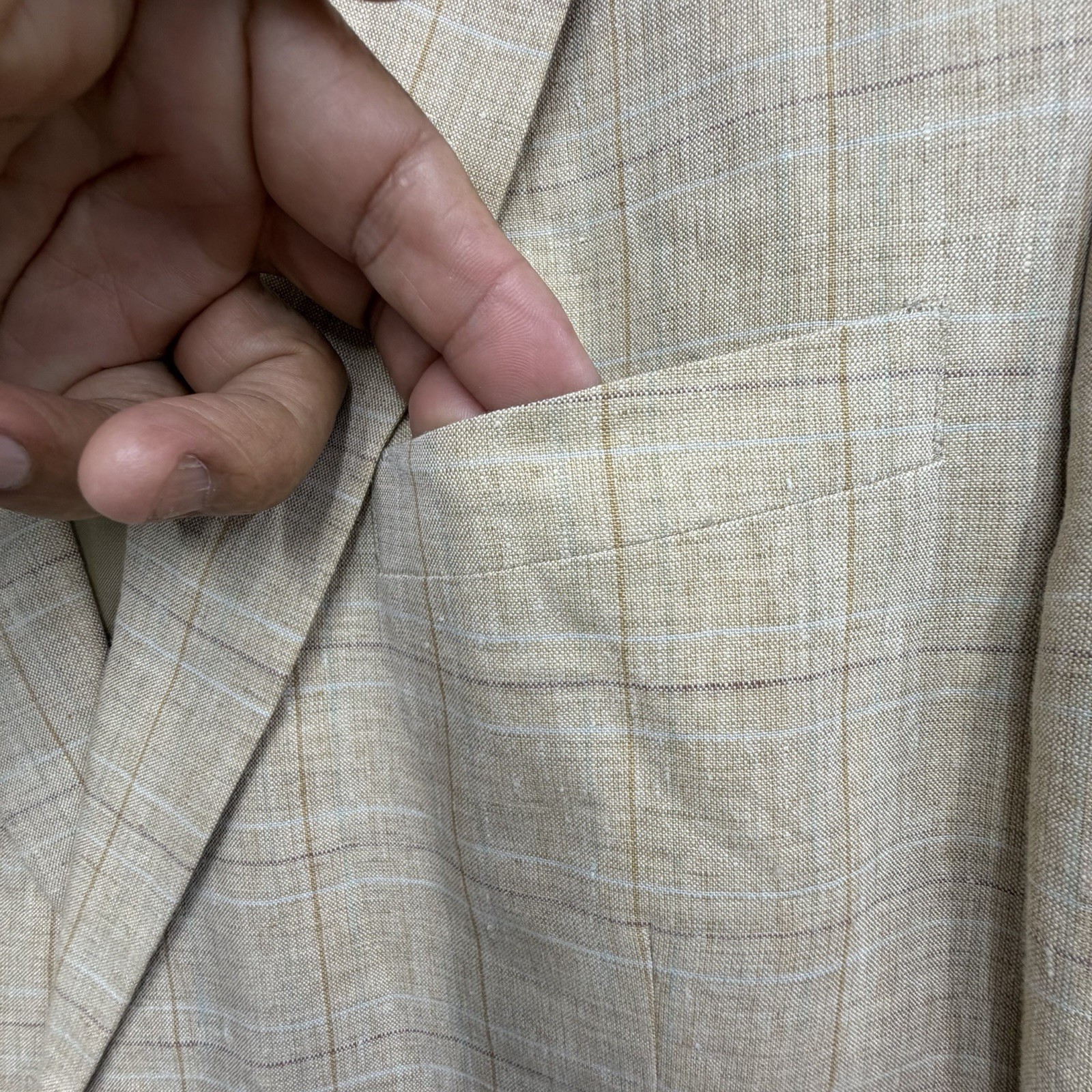 Haspel Blazer 42R Beige Windowpane Plaid 100% Linen 2-Button Sport Coat Jacket