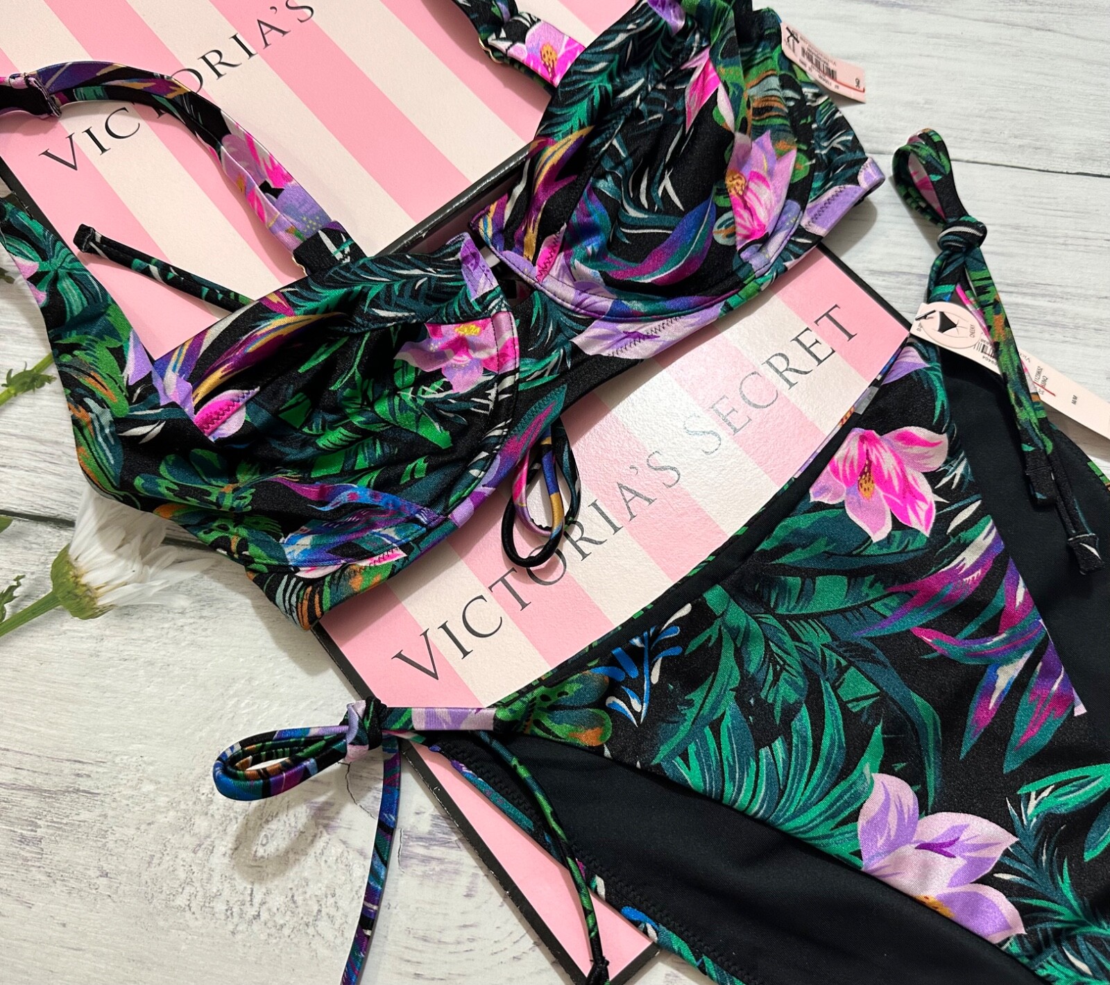 Victoria’s Secret Swim Wicked Sling Top & String Bottom Bikini Set Black Tropica