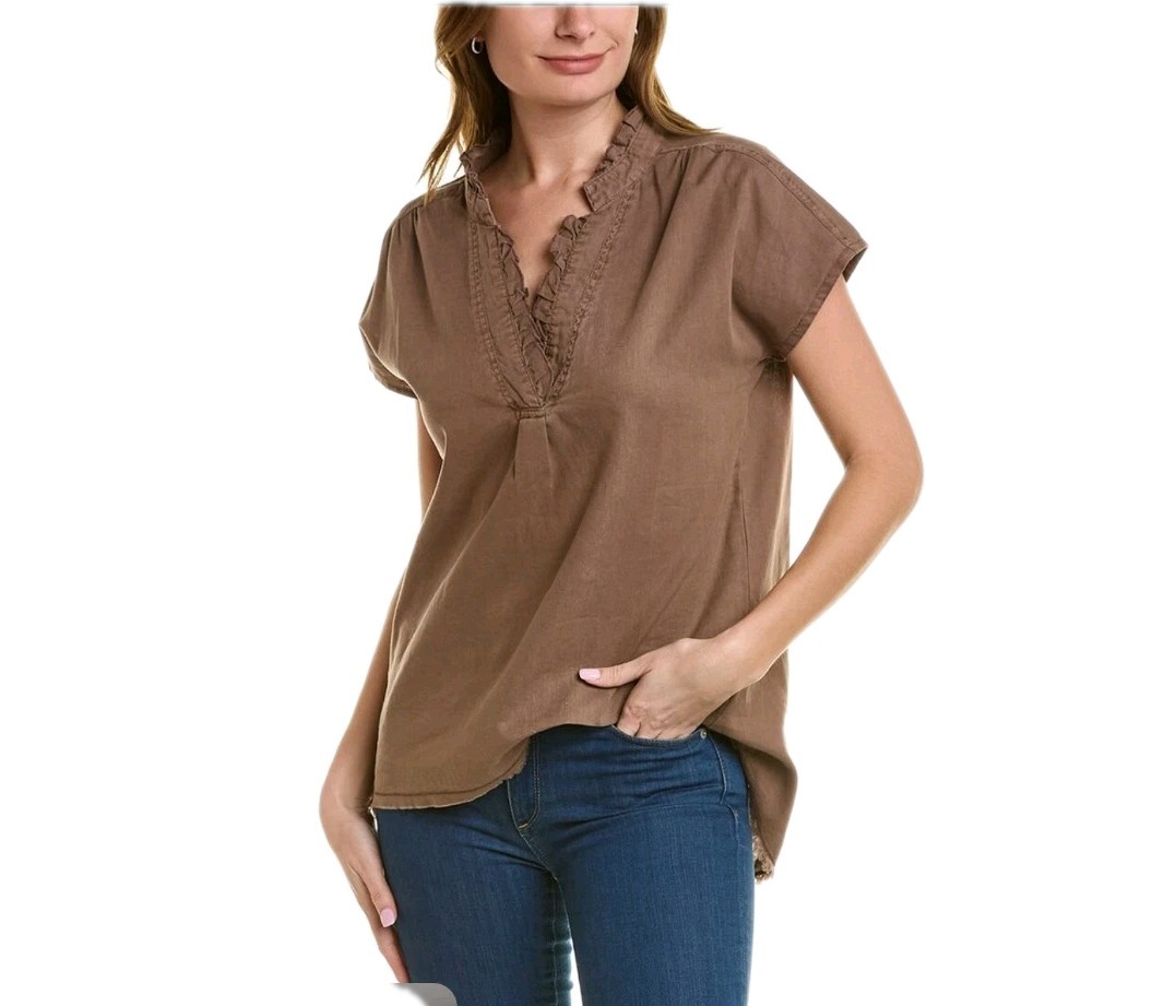 Wearables XCVI Idra Ruffle Linen Blend Brown Top Hi-Low Raw Edge Size Small