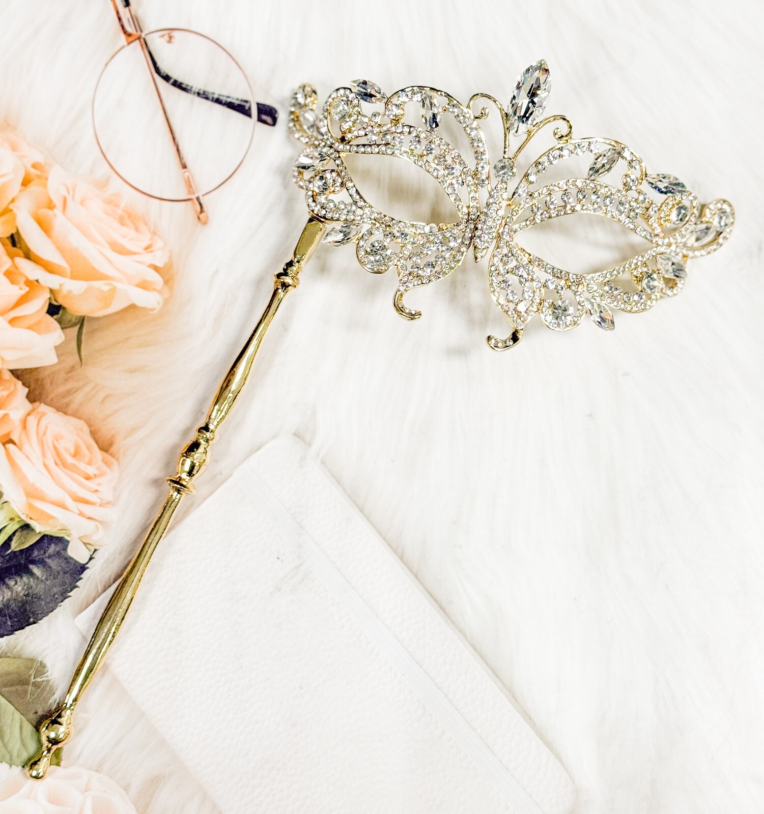 Crystal Mask with Stick, Prom Mask, Masquerade Ball Mask, Met Gala Gold Mask