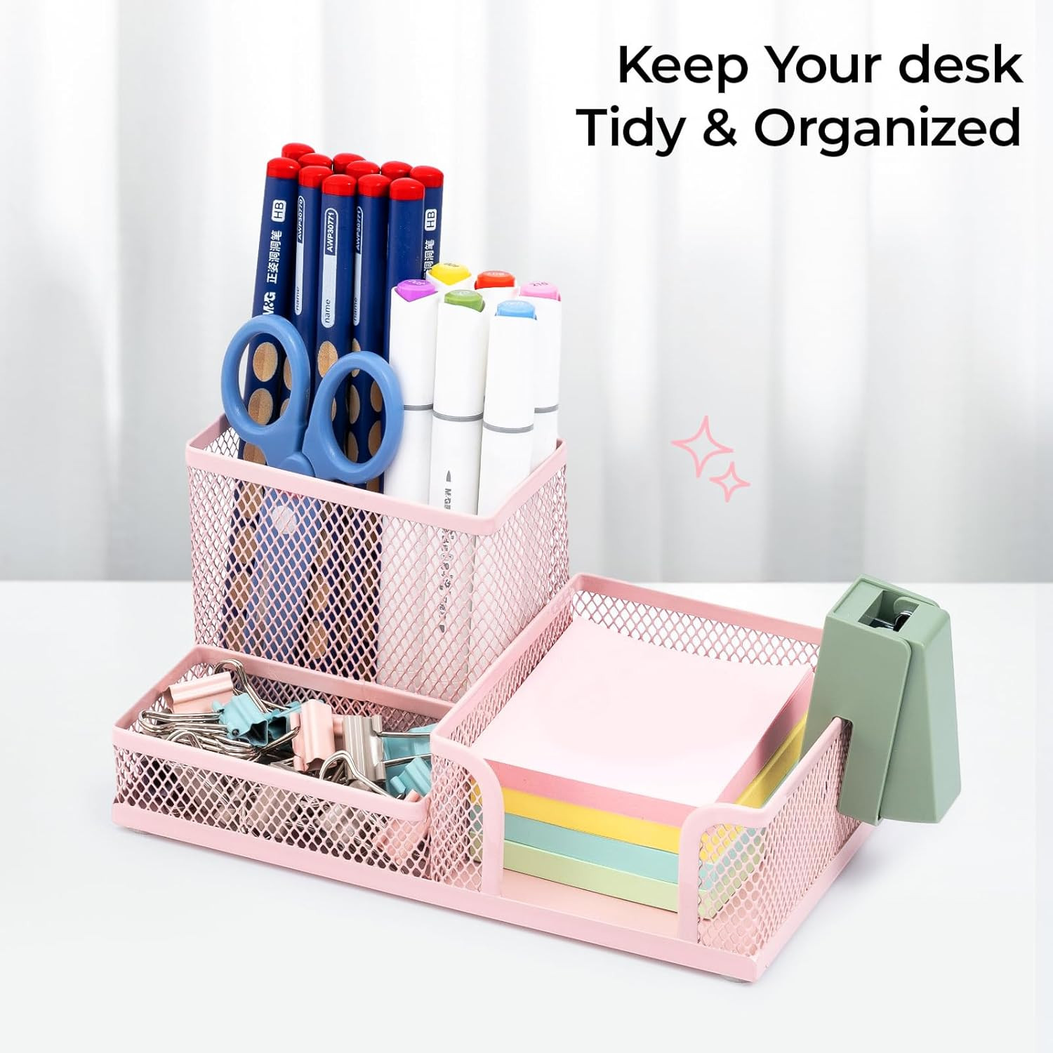 Mesh Pen Holder Desk Organizers Pencil Holder for Desk Pink, 3 Compartments Meta